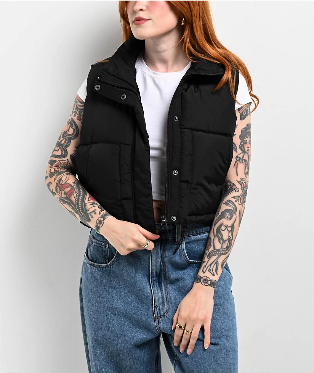 STOOSH Quilted Black Crop Puffer Vest Product Image