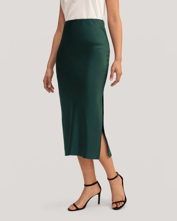 Flattering Side Slit Silk Midi Skirt Product Image