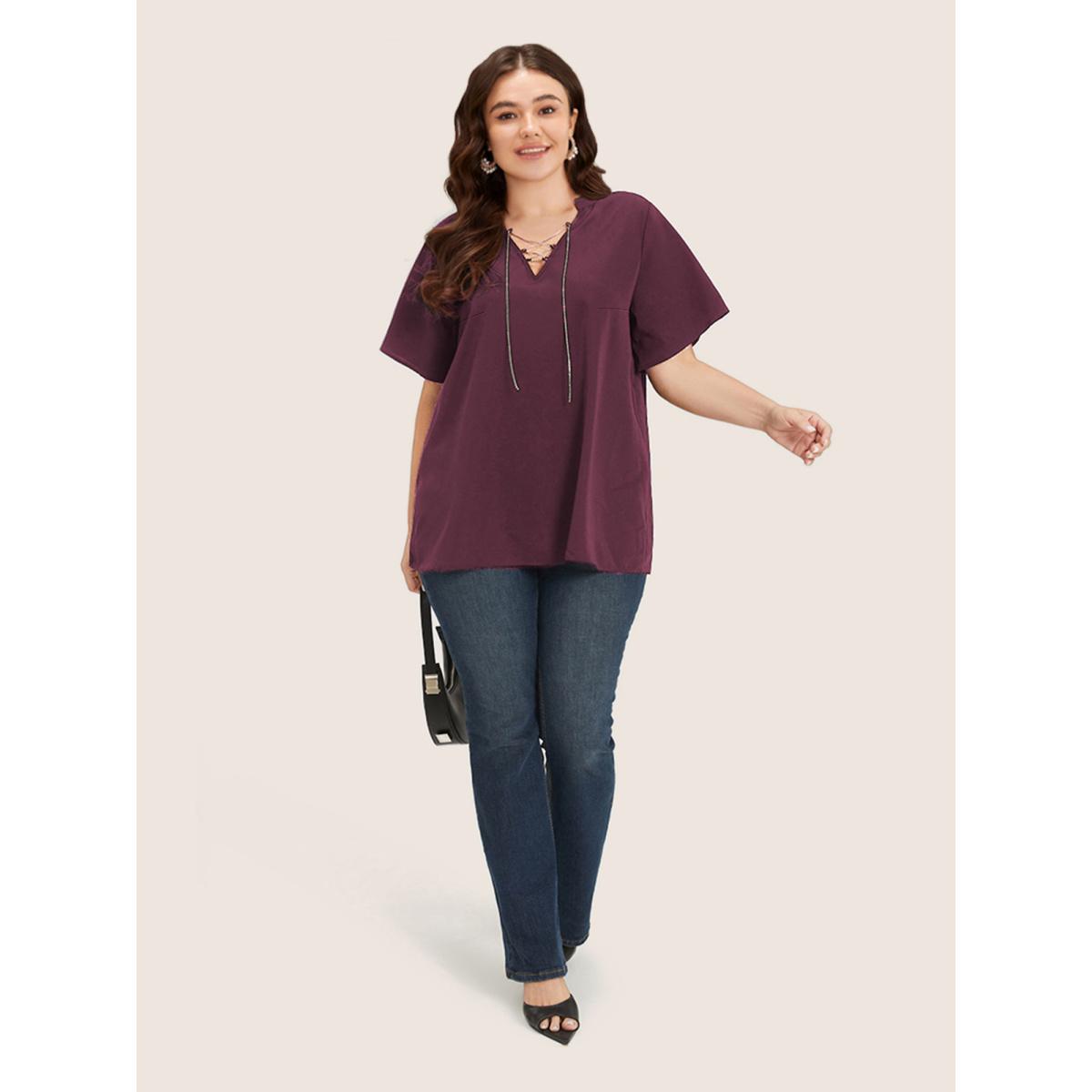 Plus Size Indigo Solid Crisscross Notched Metal Decor Blouse Women Office Short sleeve Notched collar Office Blouses BloomChic 10/M Product Image