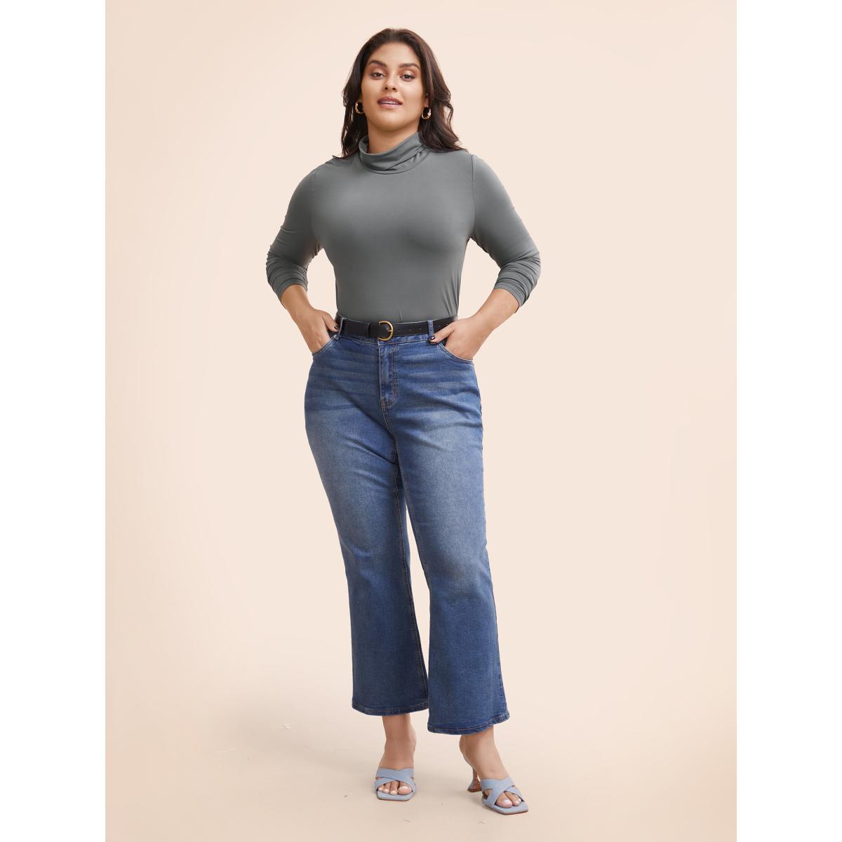 Plus Size Mock Neck High Stretch Basic T-shirt DimGray Women Elegant Non Ruffled collar Skinny Everyday T-shirts BloomChic 18-20/2X Product Image