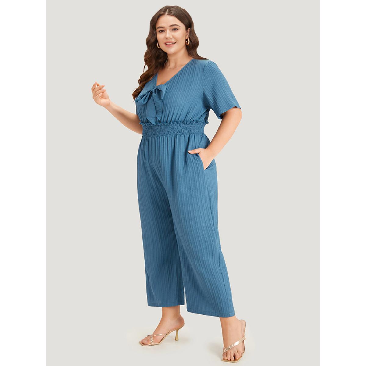 Plus Size Cerulean Textured Bowknot V Neck Shirred Pocket Jumpsuit Women Elegant Half Sleeve V-neck Dailywear Loose Jumpsuits BloomChic 30/6X Product Image