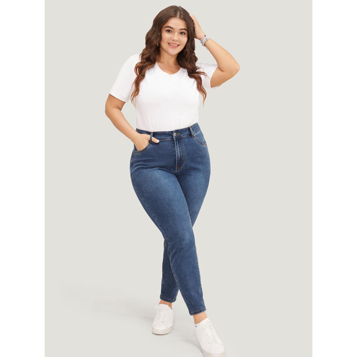 Plus Size Skinny Very Stretchy High Rise Medium Wash Ankle Jeans Women Blue Casual Plain High stretch Pocket Jeans BloomChic 14/1X Product Image