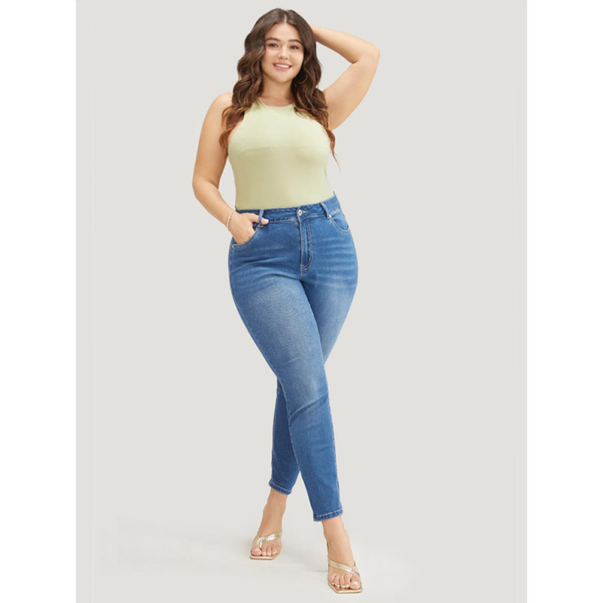 Plus Size Very Stretchy High Rise Medium Wash Floral Embroidered Jeans Women Indigo Casual Plain High stretch Pocket Jeans BloomChic 28/5X Product Image