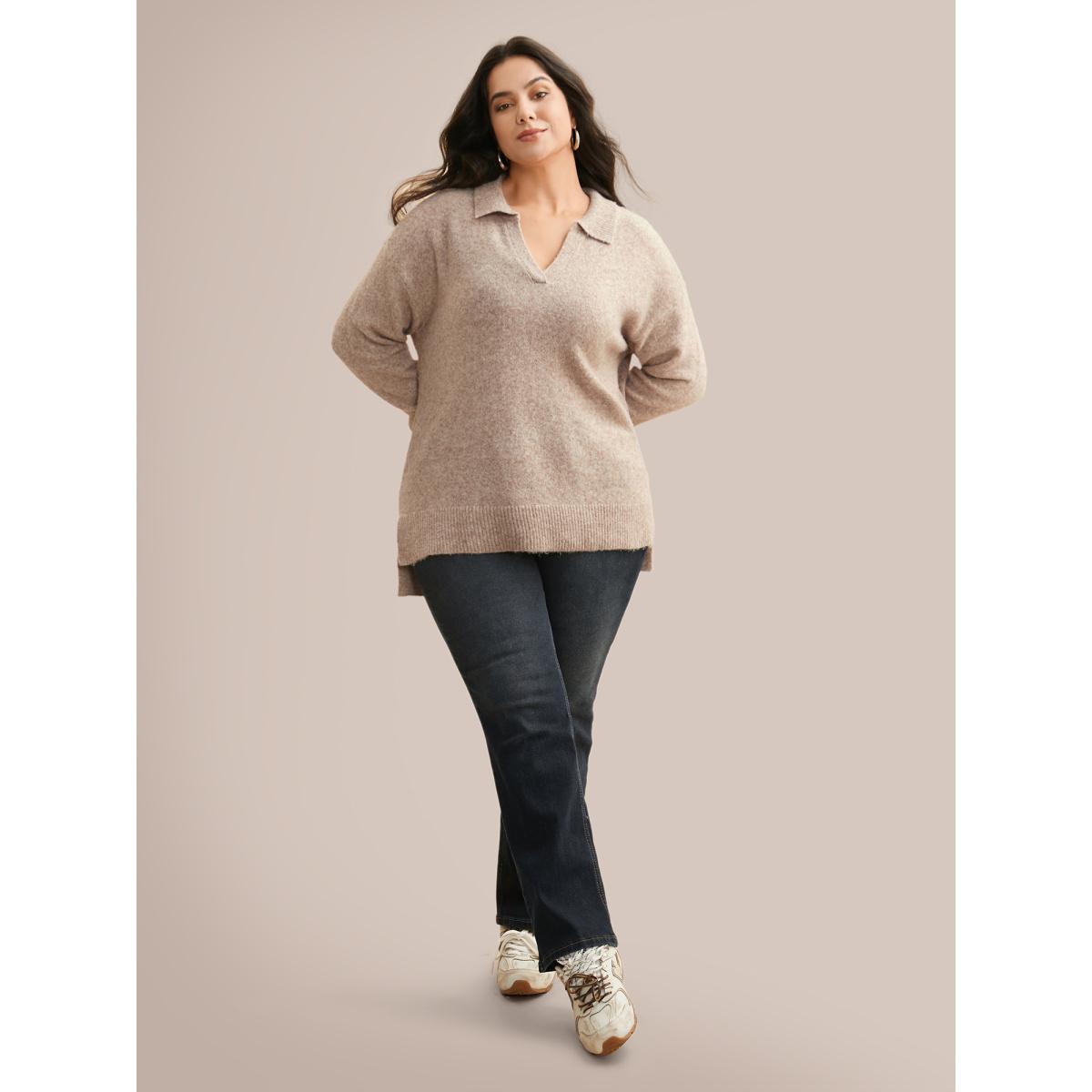 Plus Size Airy Cozy Polo Collar Wool Pullover Apricot Women Casual Loose Long Sleeve Polo Everyday Pullovers BloomChic 30/6X Product Image