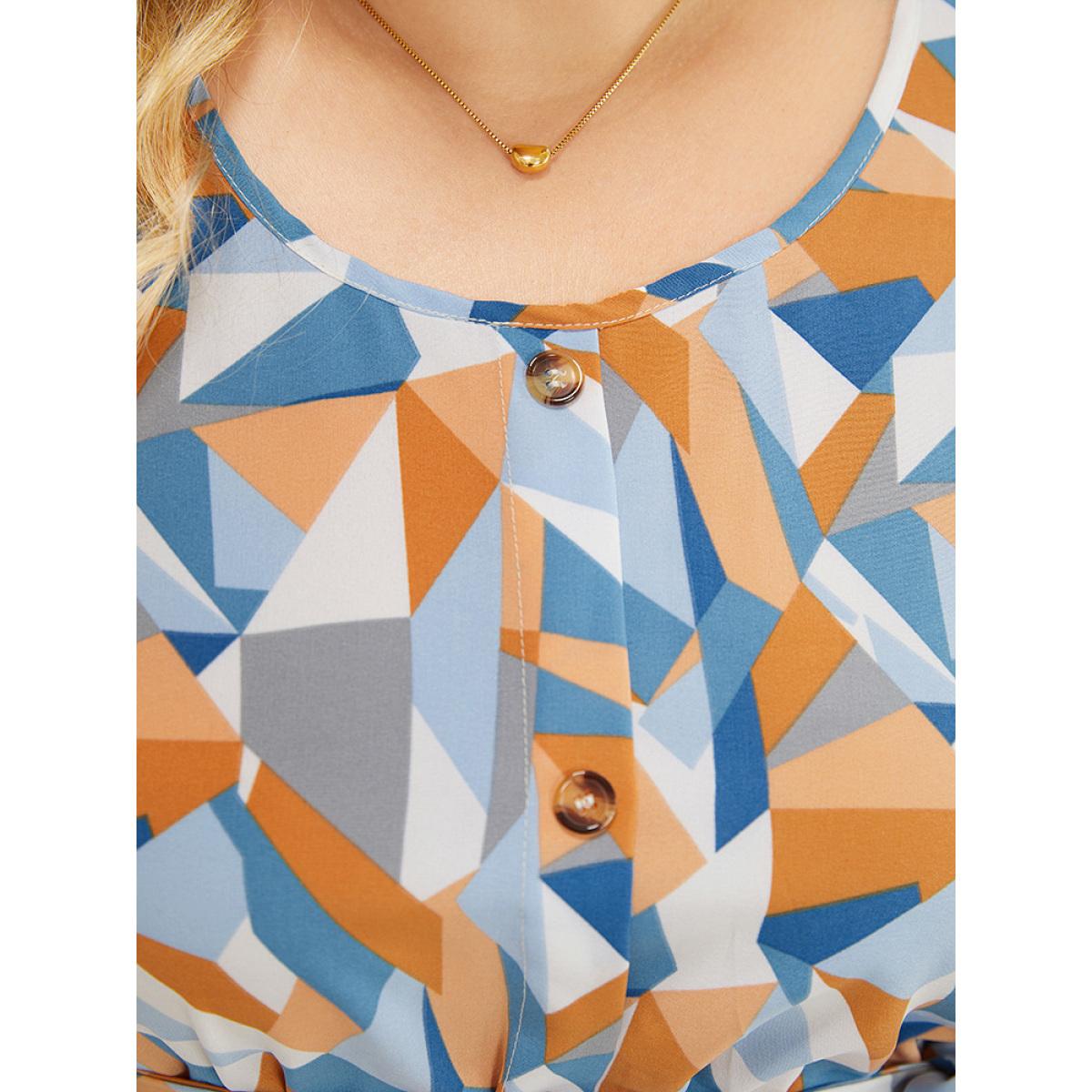 Plus Size Geometric Belt Ruffle Hem Pocket Button Detail Tank Dress Multicolor Women Elegant Contrast Round Neck Sleeveless Curvy Knee Dress BloomChic 26/4X Product Image