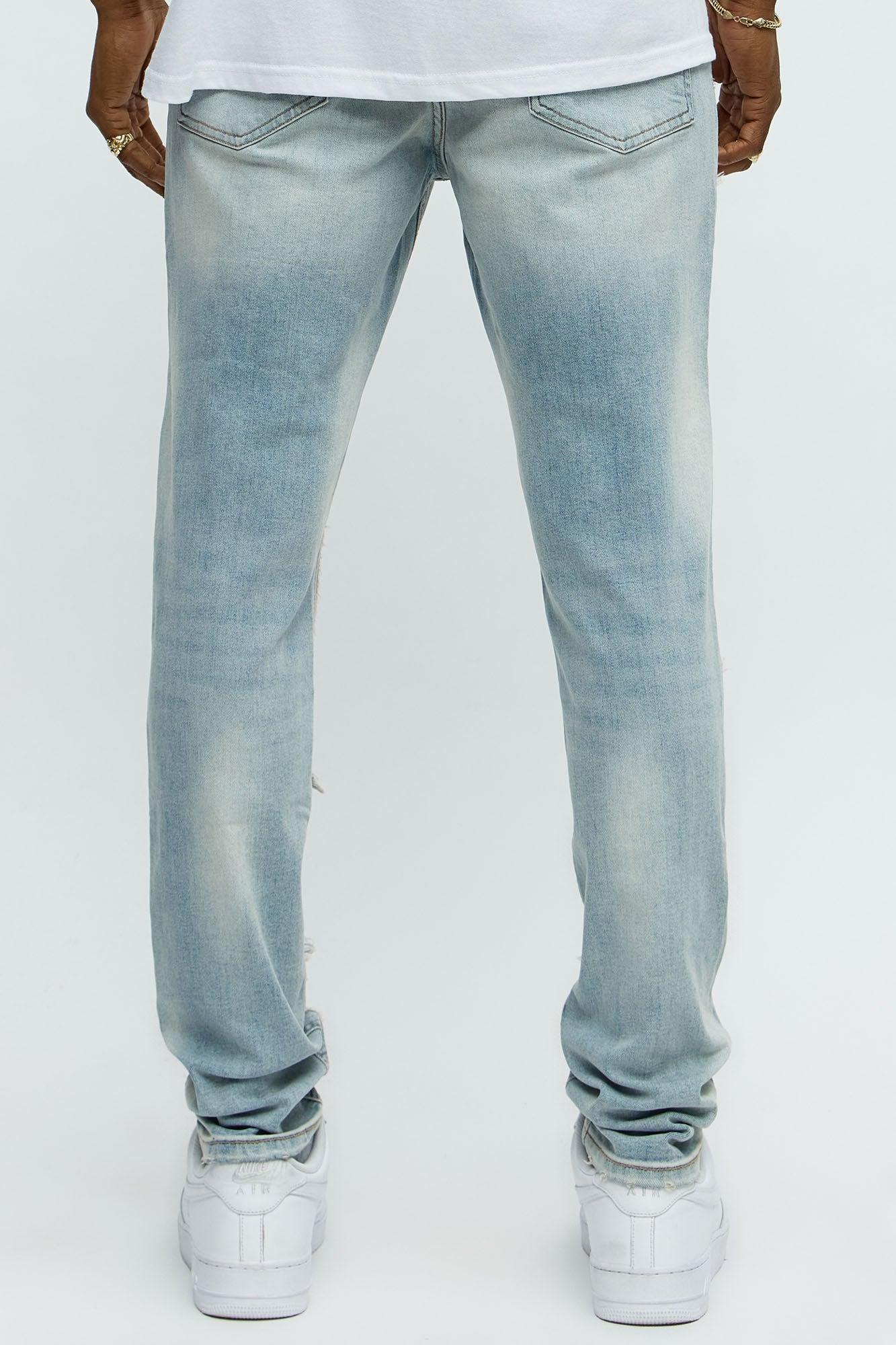 Shredded Patchwork Skinny Jeans - Light Wash Male Product Image