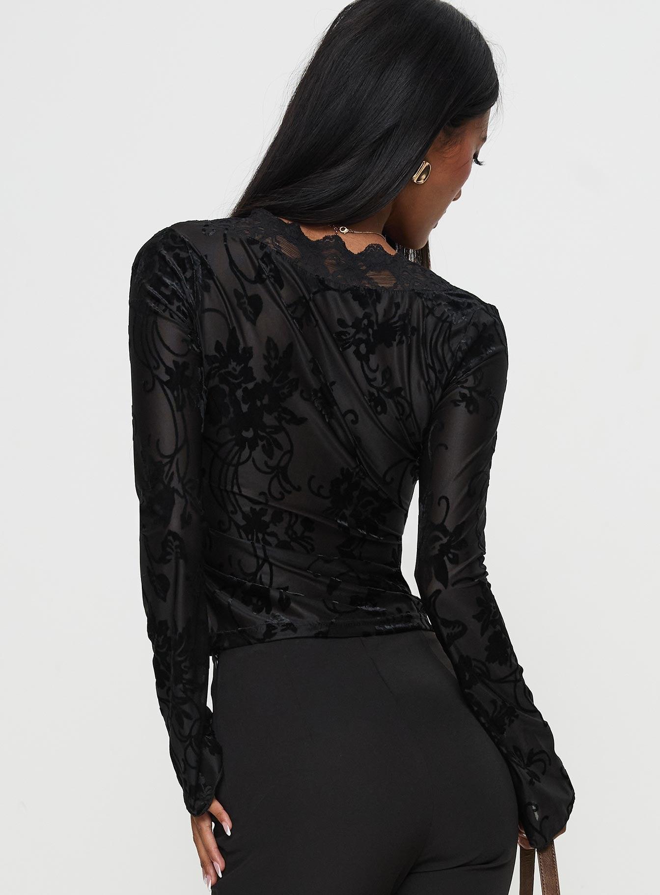 Find An Angel Long Sleeve Lace Trim Top Black Product Image