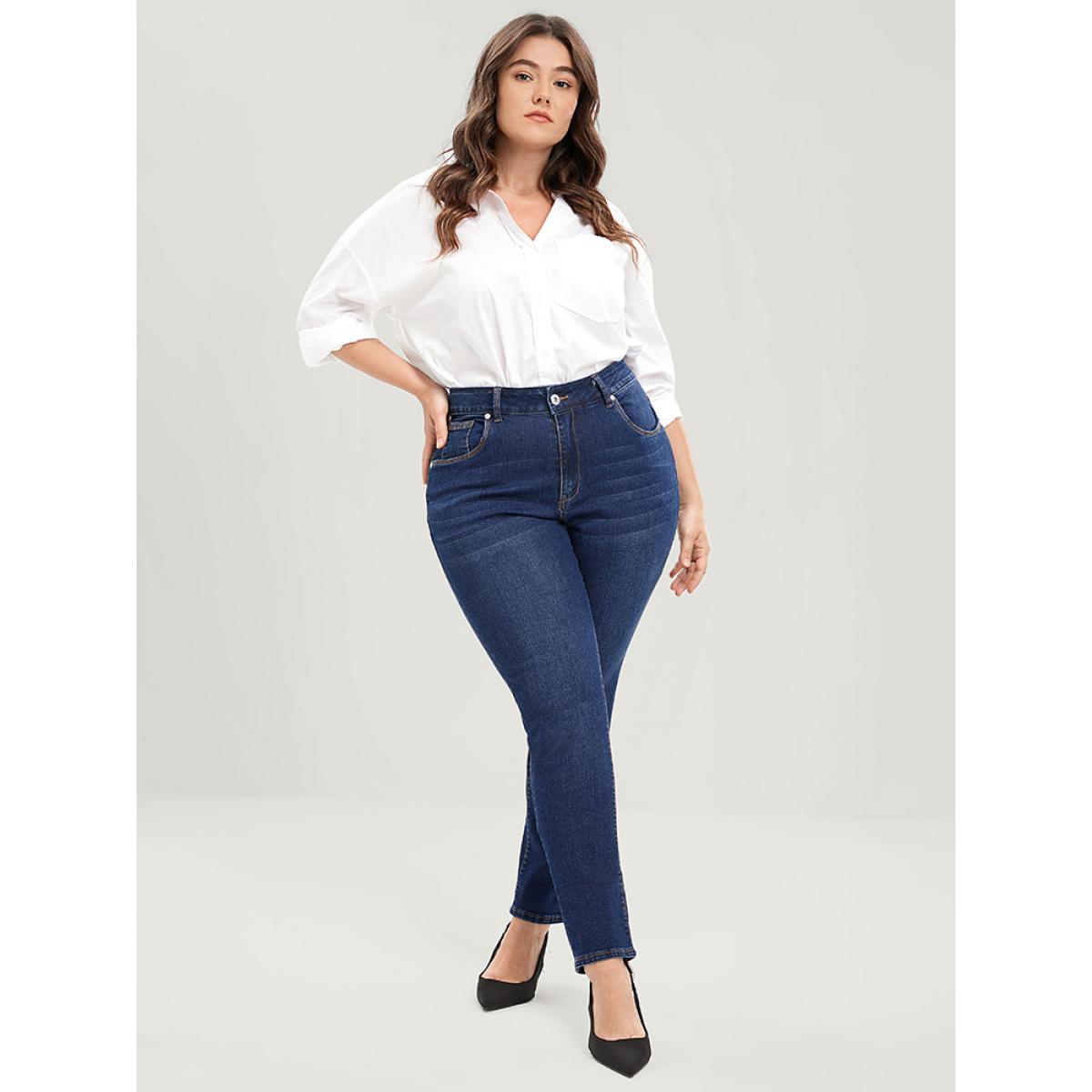 Plus Size Straight Very Stretchy High Rise Dark Wash Jeans Women DarkBlue Casual Plain Plain High stretch Pocket Jeans BloomChic 12/L Product Image