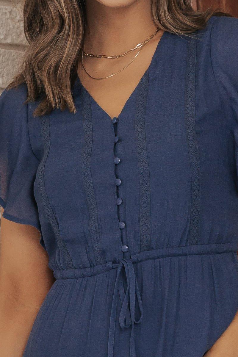 Celine Crochet Lace Tiered Boho Midi Dress - Navy Product Image