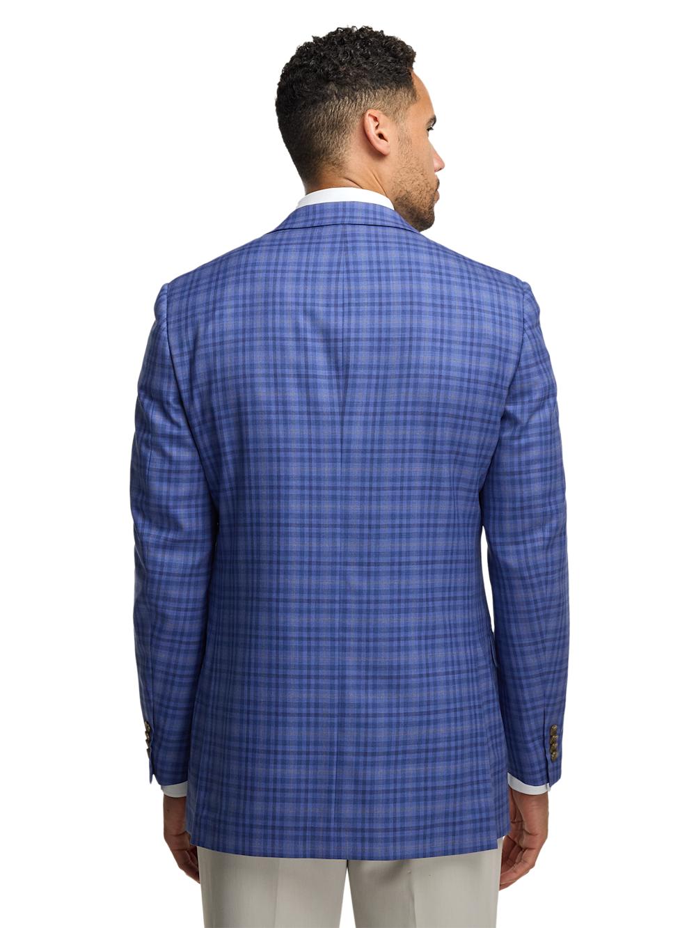 Wool Plaid Single Breasted Peak Lapel Sport Coat - Blue Product Image