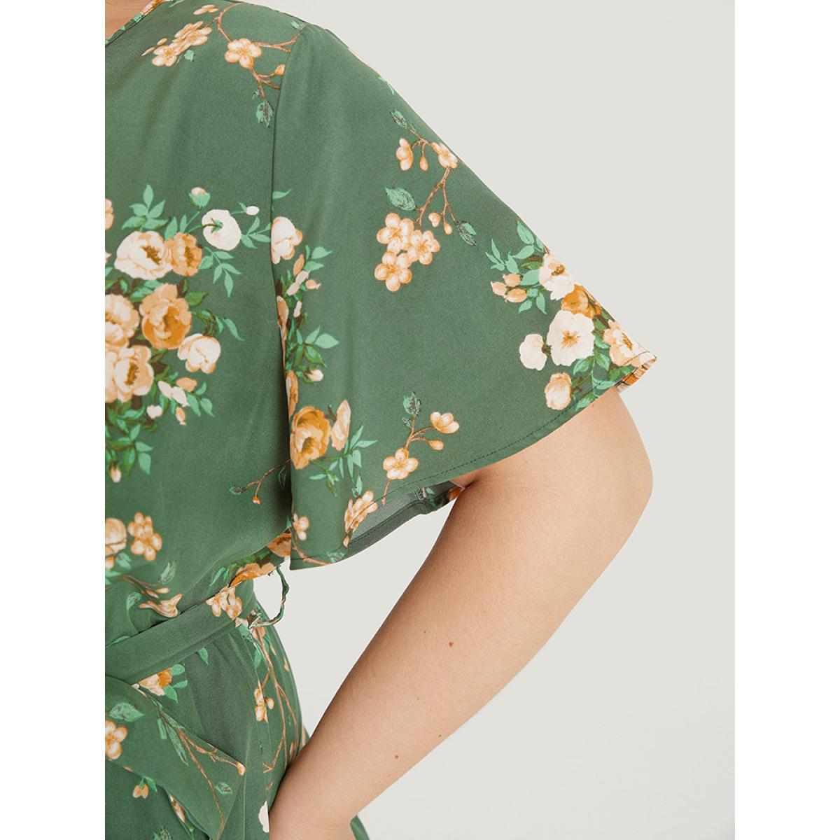 Plus Size Floral Print Wrap Belted Pocket Ruffle Hem Dress Green Women Elegant Lined V-neck Short sleeve Curvy Midi Dress BloomChic 18-20/2X Product Image