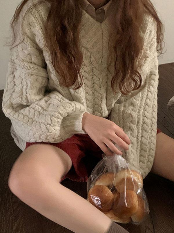 V Neck Pullover Cable Knit Sweater Product Image