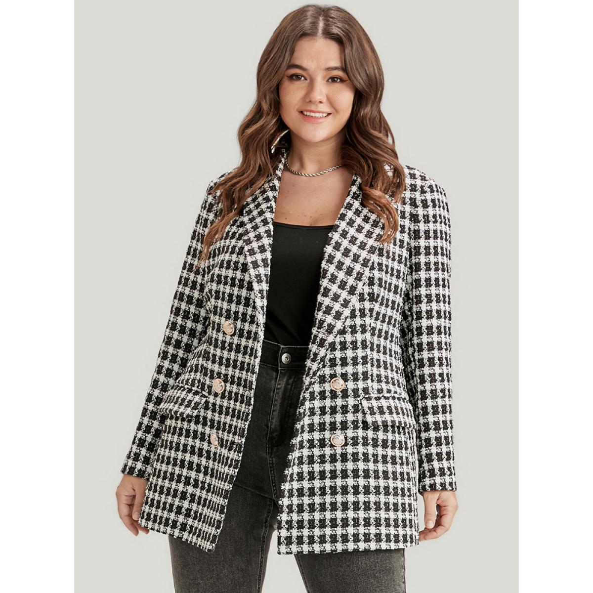 Plus Size Gingham Button Front Flap Pocket Blazer Black Women Work Gingham Pocket Sleeve Long Sleeve Lapel Collar 10/M Pocket Office Blazers BloomChic Product Image