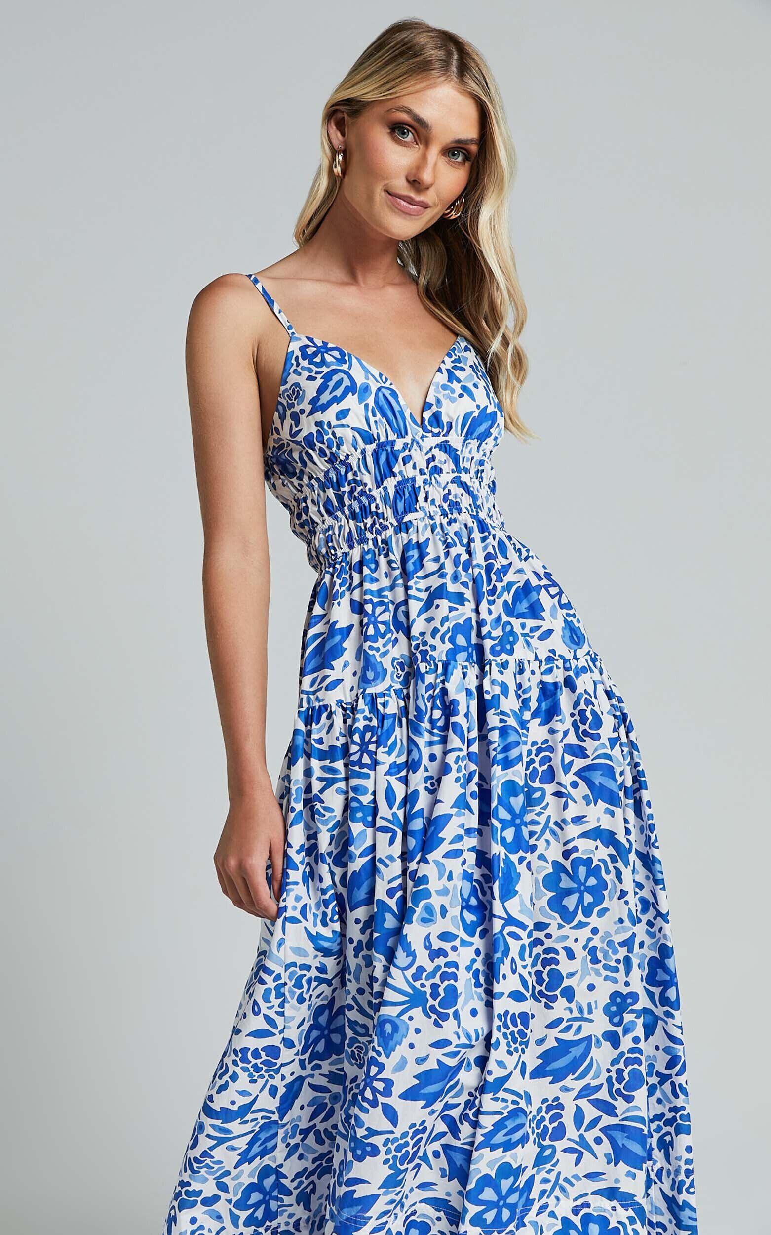 Cheri Midi Dress - Strappy Fit and Flare Tiered Dress in Blue Floral Product Image