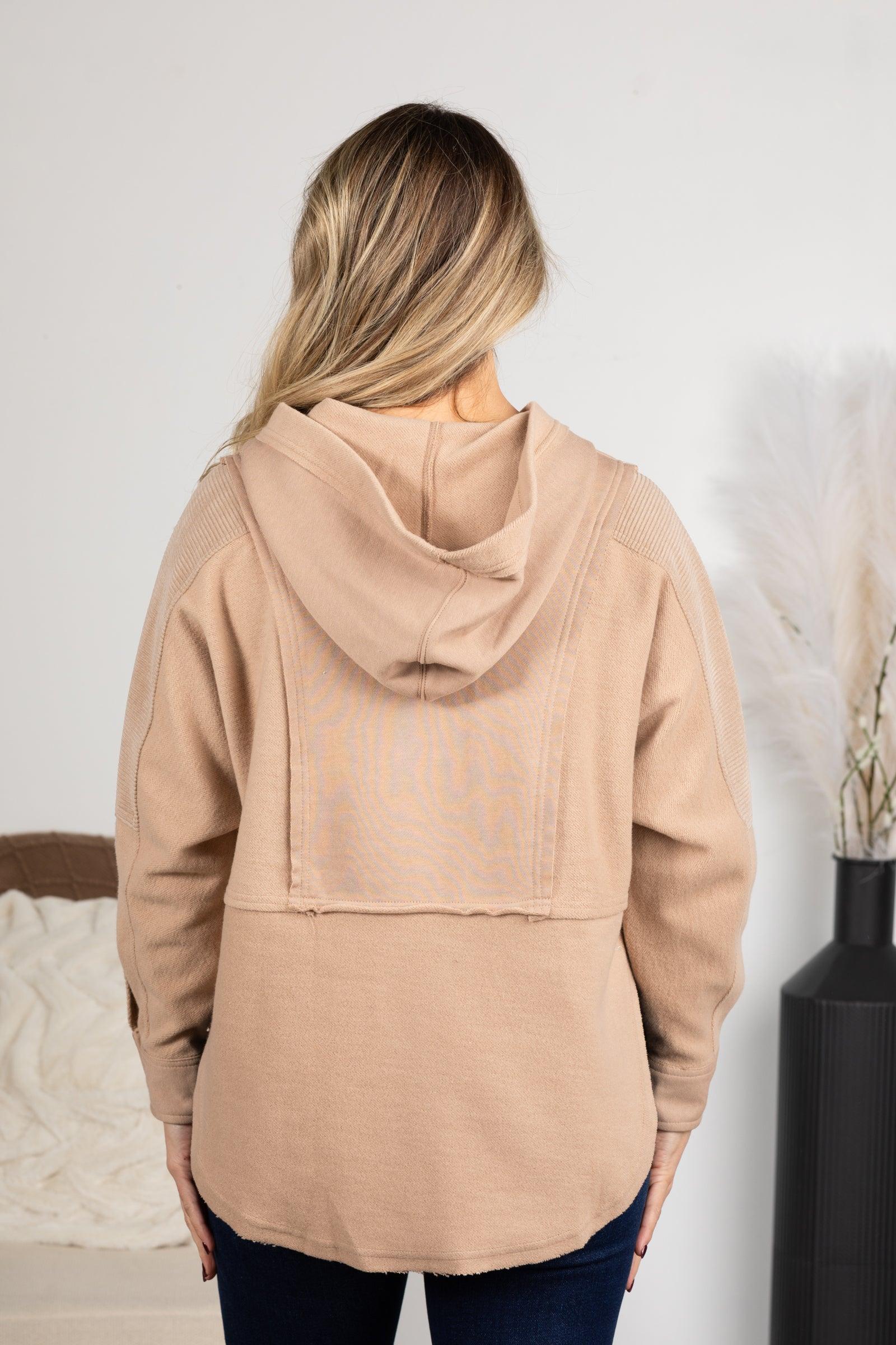 Taupe Patchwork Exposed Seam Hooded Knit Top Product Image