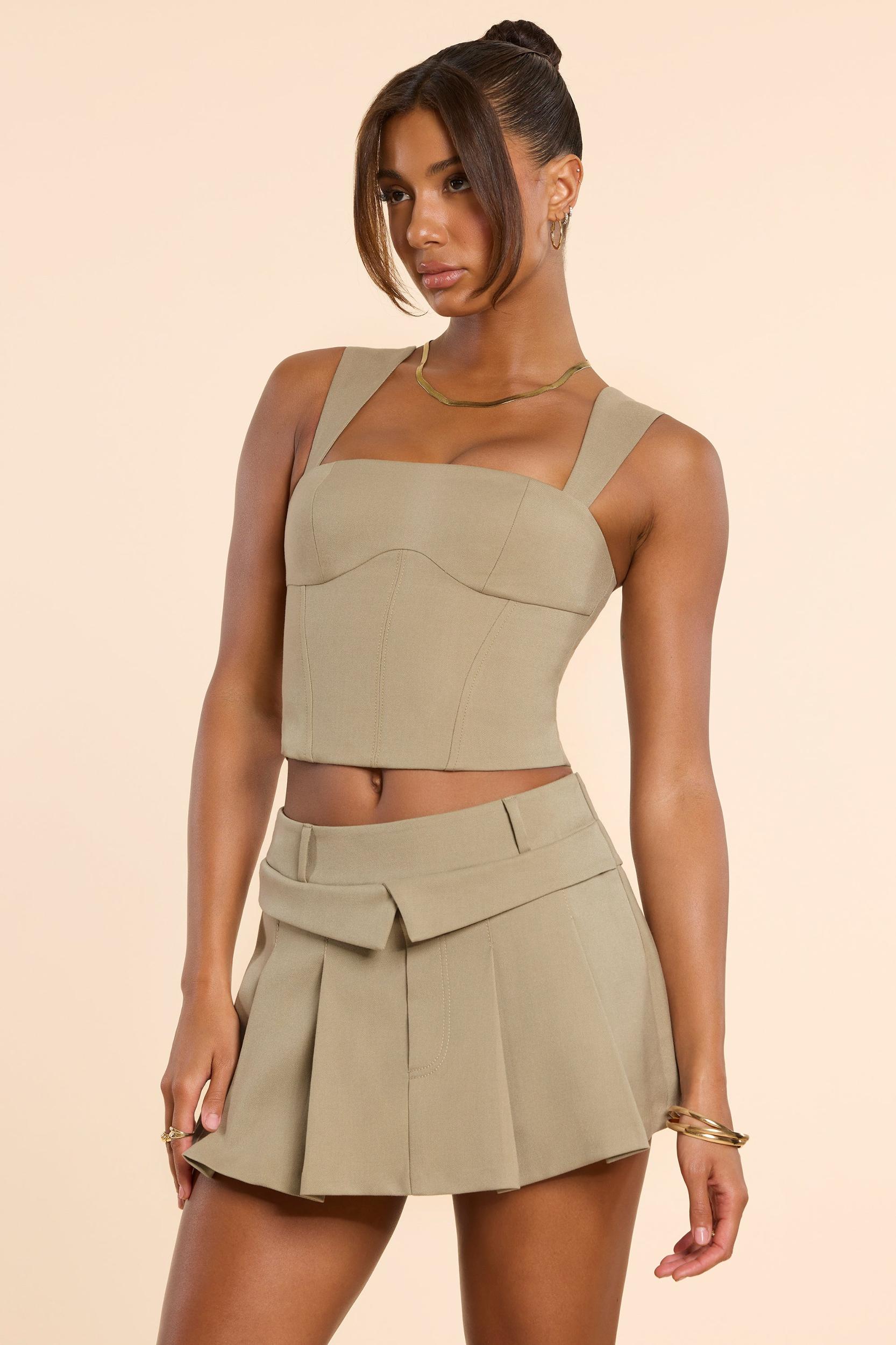 Brushed Twill Mid Rise Pleated Micro Mini Skirt in Taupe Product Image