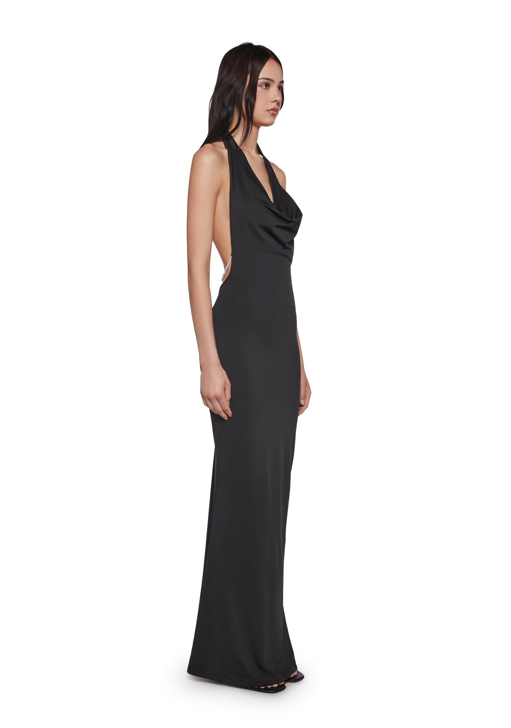 Womens Sexy Backless Maxi Dress With Pearls - Black Product Image
