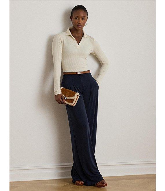 Lauren Ralph Lauren Ribbed Knit V-Neck Johnny Collar Long Sleeve Top Product Image