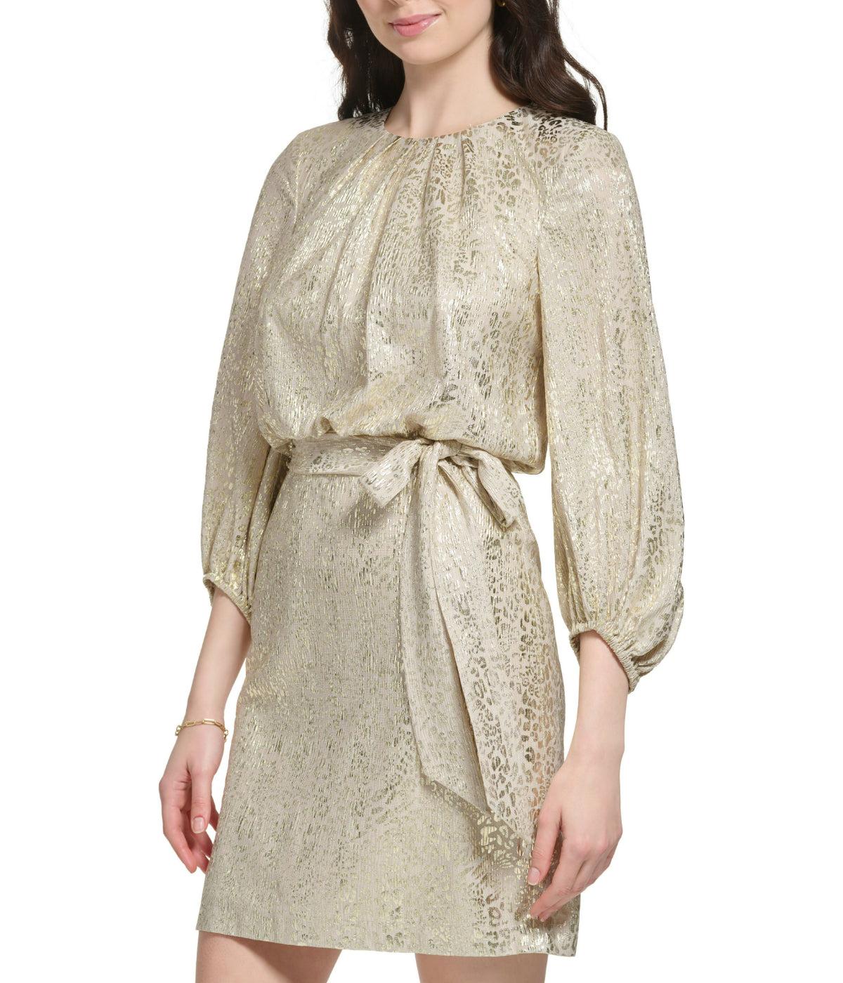 Longsleeve Pleated Neck Blouson Dress Champagne Product Image