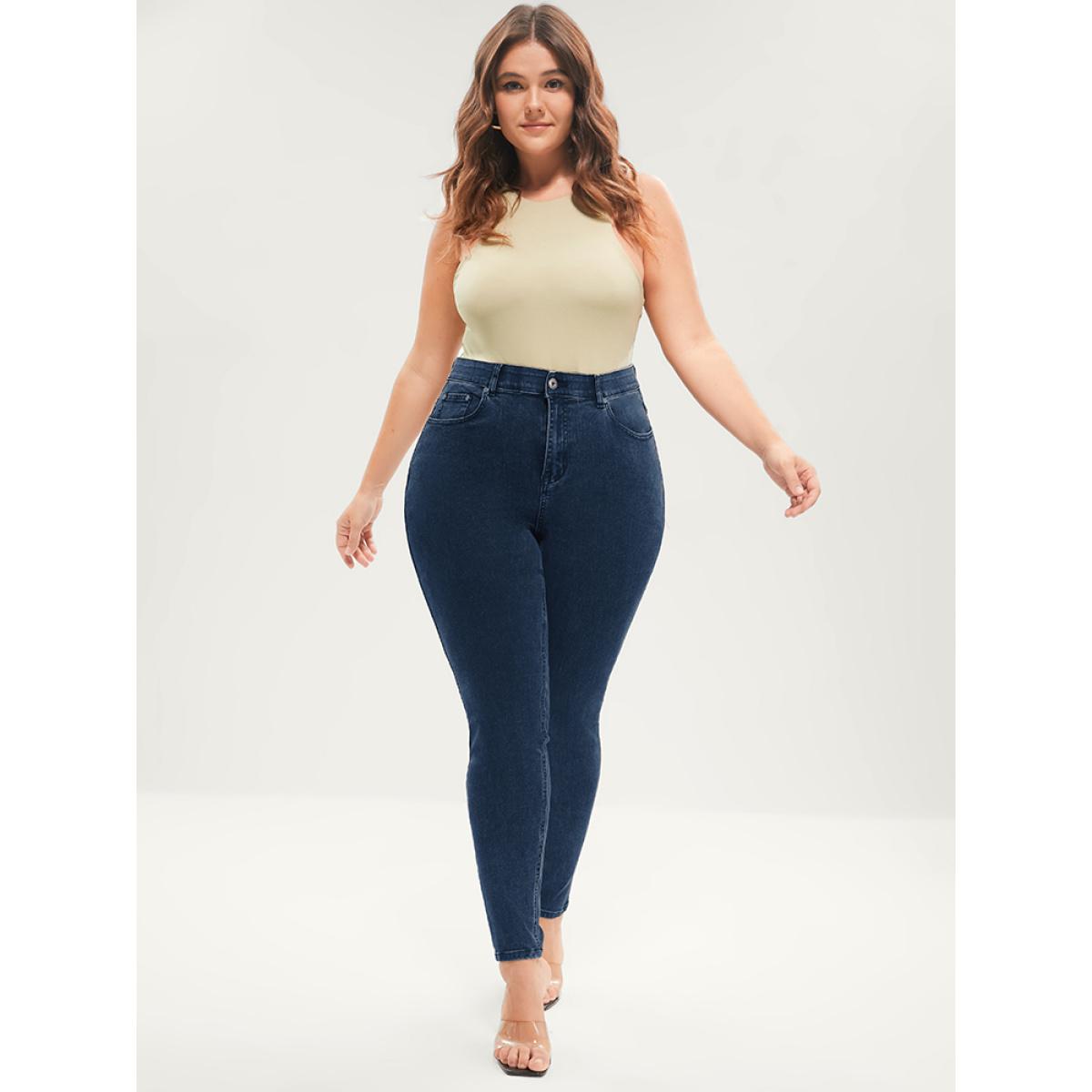 Plus Size Skinny Very Stretchy Mid Rise Dark Wash Gap Proof Jeans Women DarkBlue Office Plain Gap-proof High stretch Pocket Jeans BloomChic 30/6X Product Image
