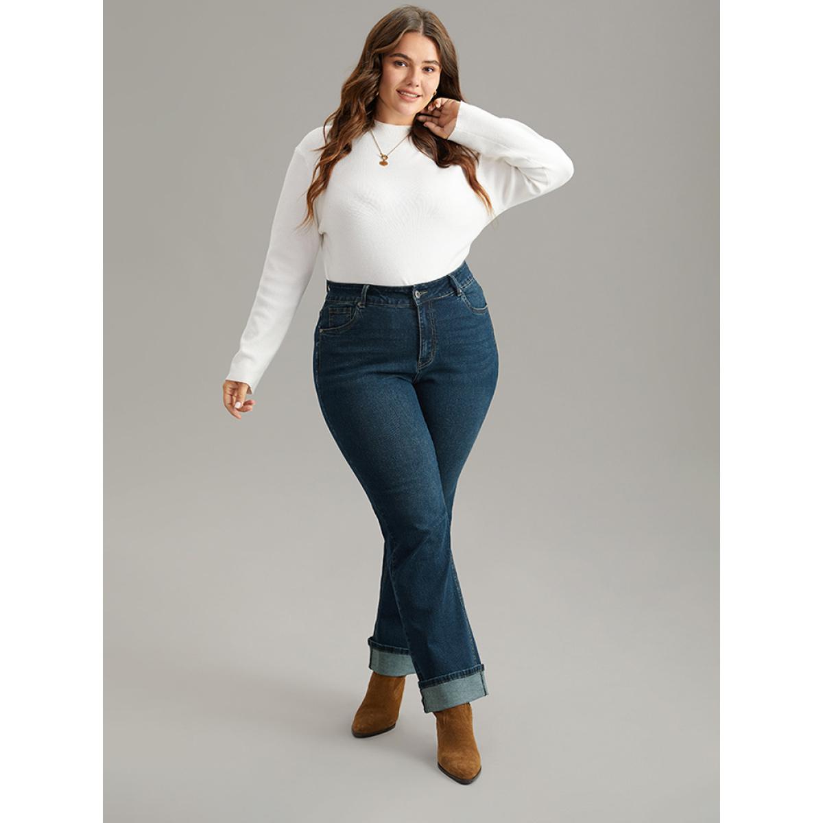 Plus Size Straight Leg Pocket Roll Hem Jeans Women Indigo Casual Plain Plain High stretch Pocket Jeans BloomChic 14/1X Product Image