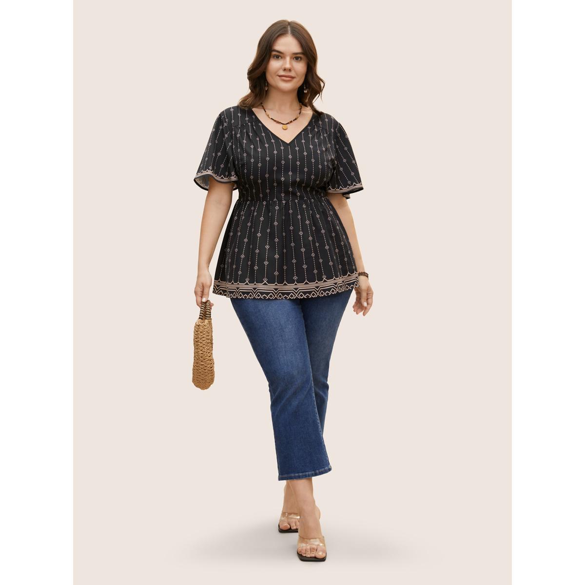 Plus Size Black V Neck Boho Print Flutter Sleeve Blouse Women Resort Short sleeve V-neck Vacation Blouses BloomChic 18-20/2X Product Image