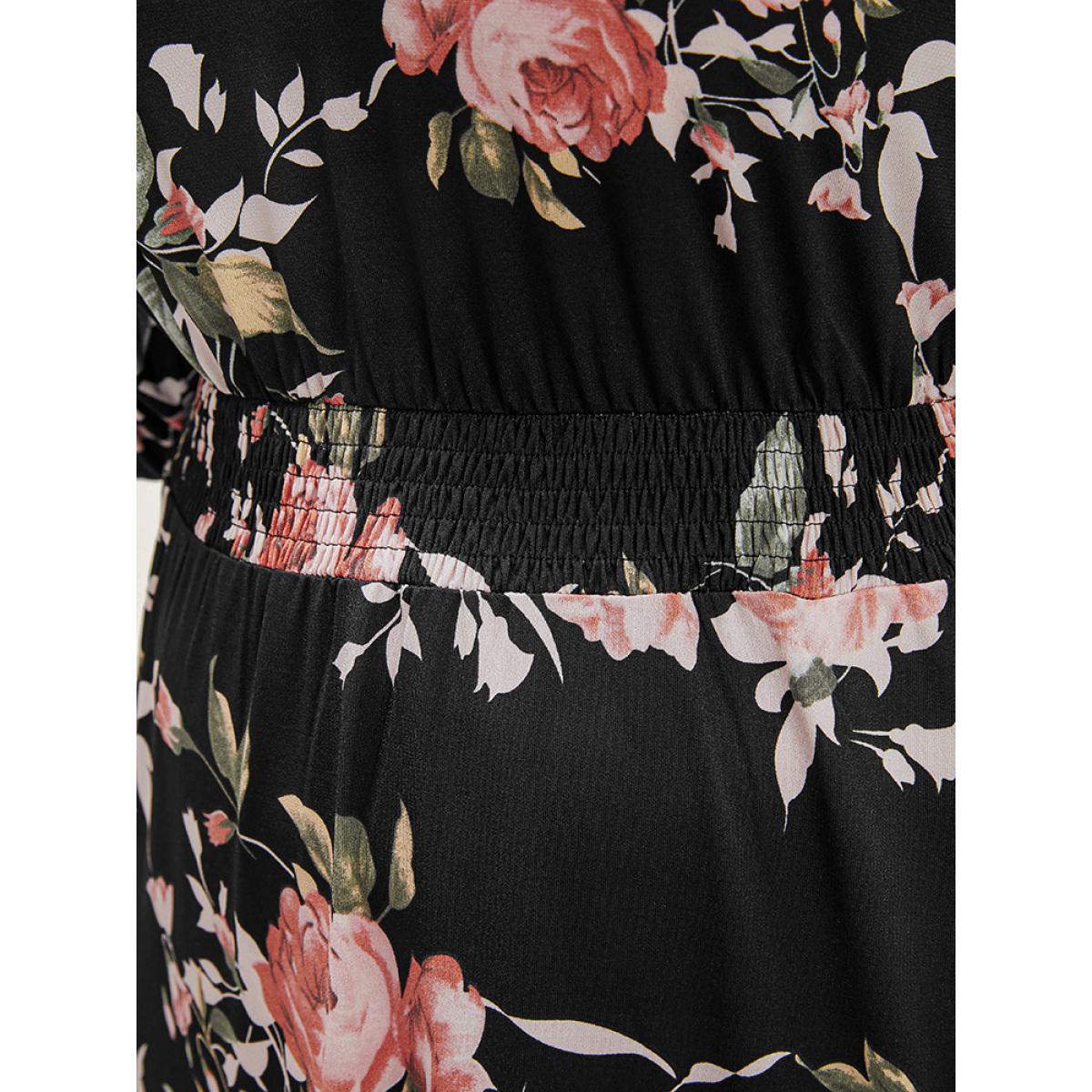 Plus Size Floral Print V Neck Pocket Shirred Arc Hem Dress Black Women Elegant Arc Hem V-neck Long Sleeve Curvy Long Dress BloomChic 12/L Product Image