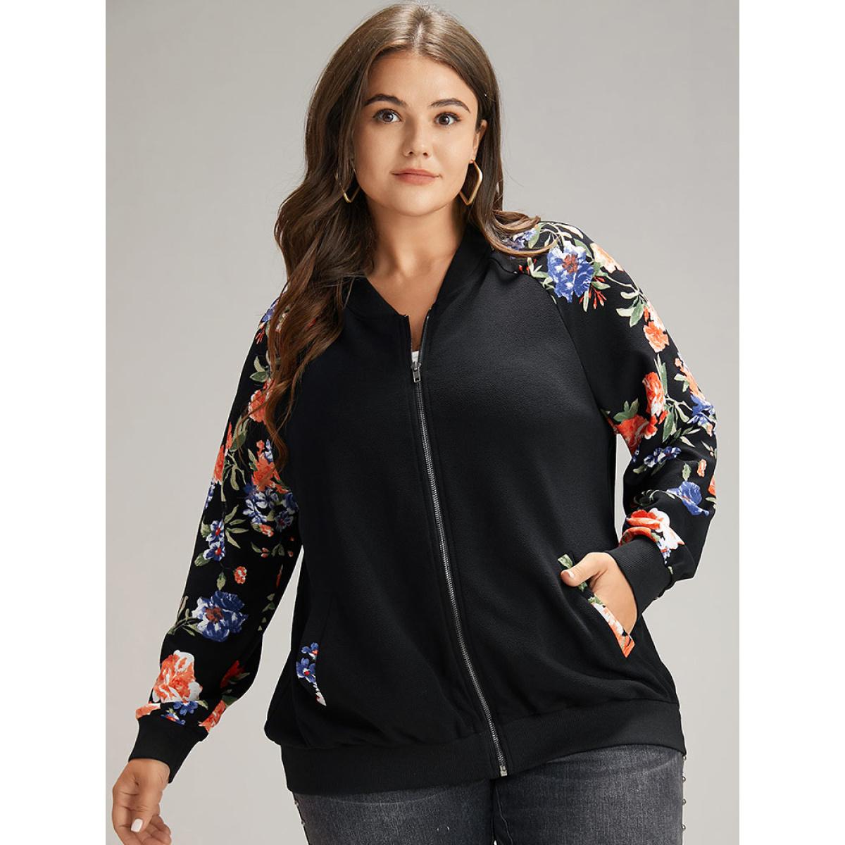 Plus Size Floral Patchwork Zipper Pocket Bomber Jacket Women Black Elastic cuffs Pocket Everyday Jackets BloomChic 28/5X Product Image