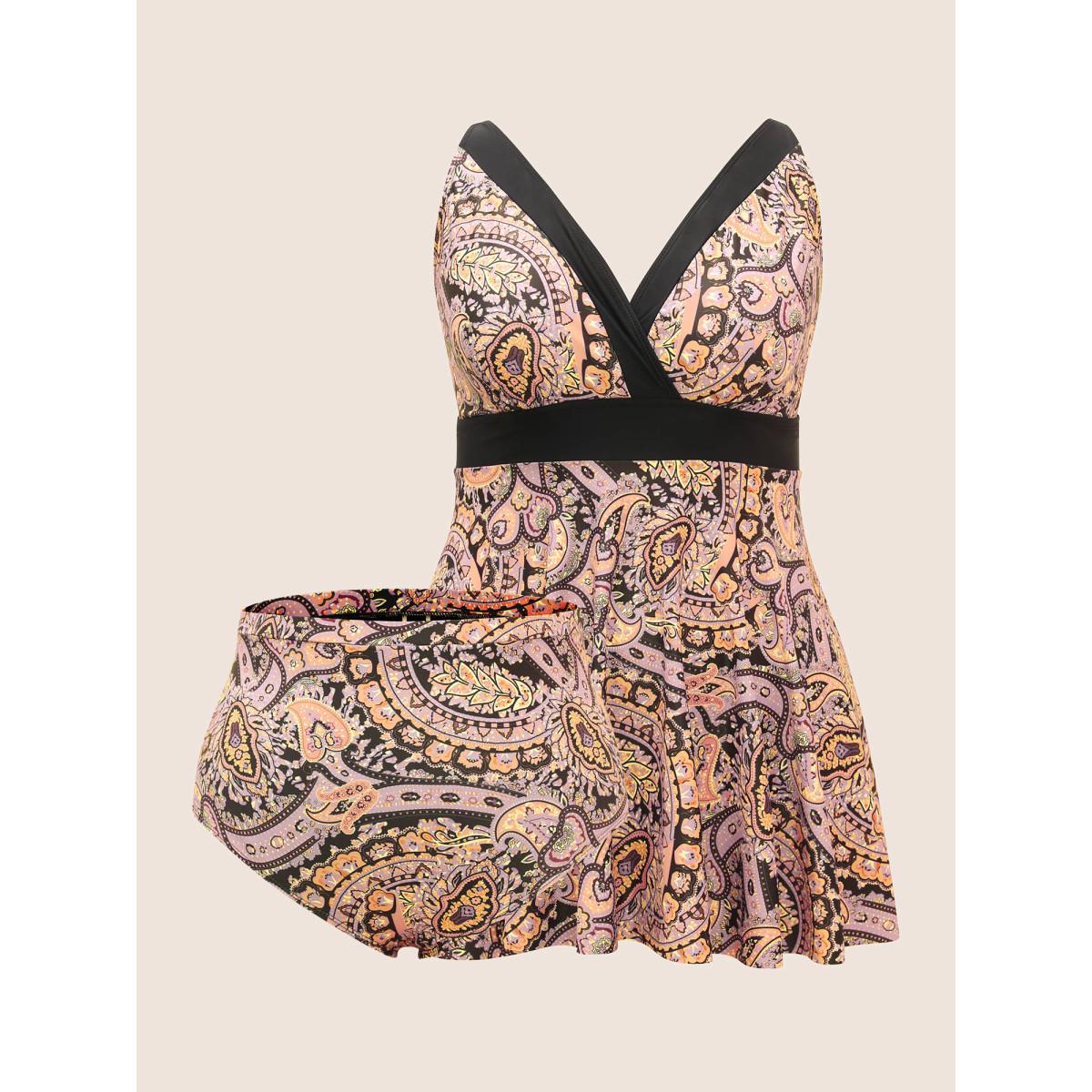 Plus Size Paisley Print Wrap Contrast Trim Swim Dress Women's Swimwear Black Beach Bodycon V-neck High stretch Curve Swim Dresses BloomChic 22-24/3X Product Image