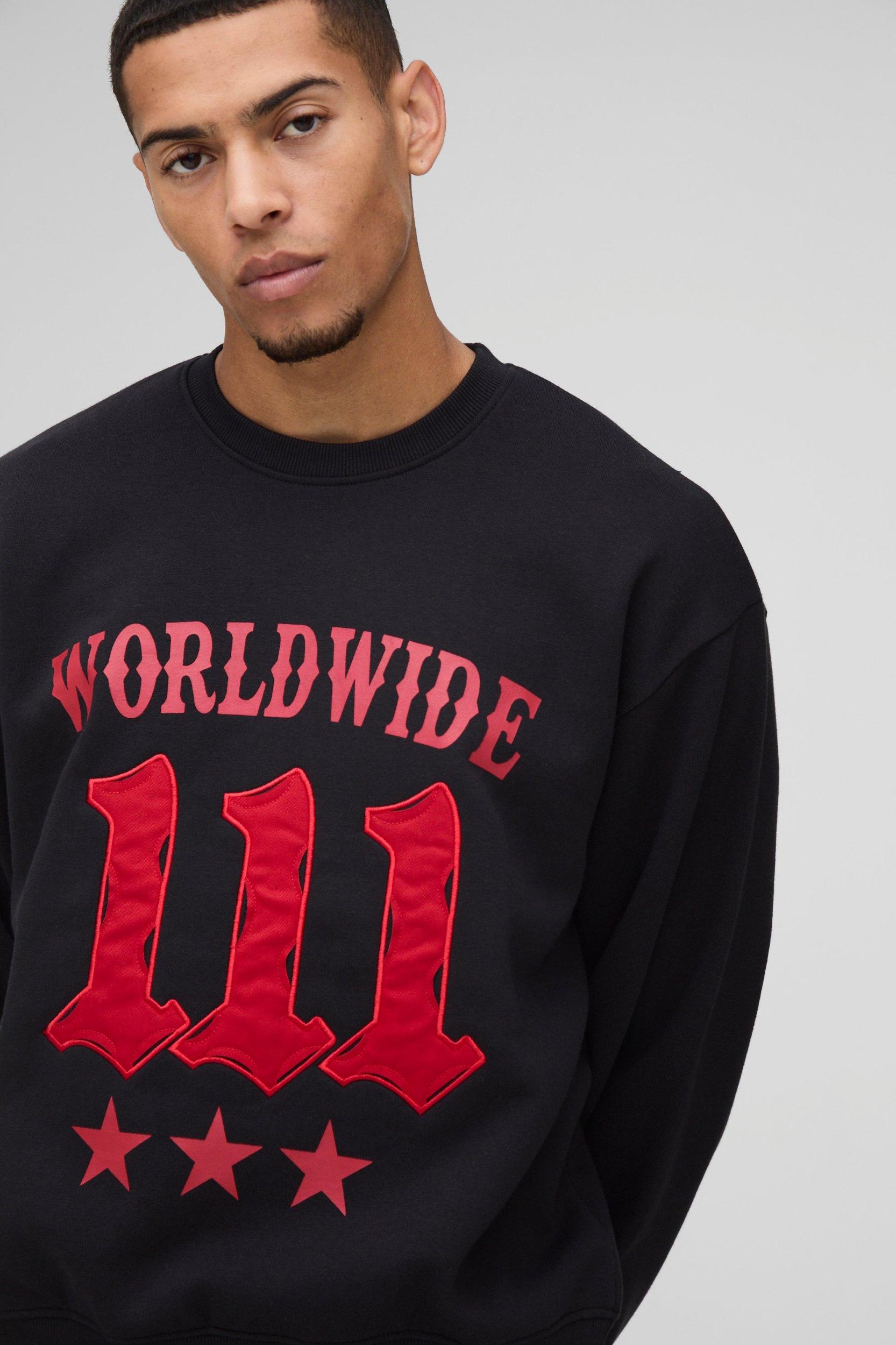 Oversized Boxy Moto Raw Edge Applique Sweatshirt | boohooMAN USA Product Image