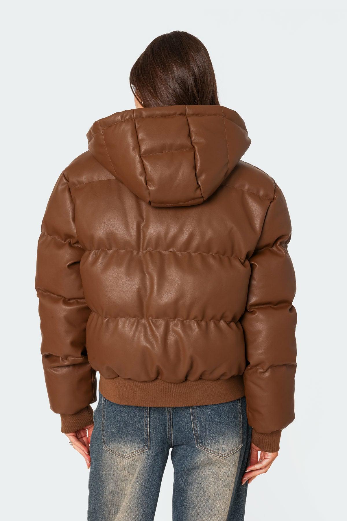 Wintry Faux Leather Hooded Puffer Product Image