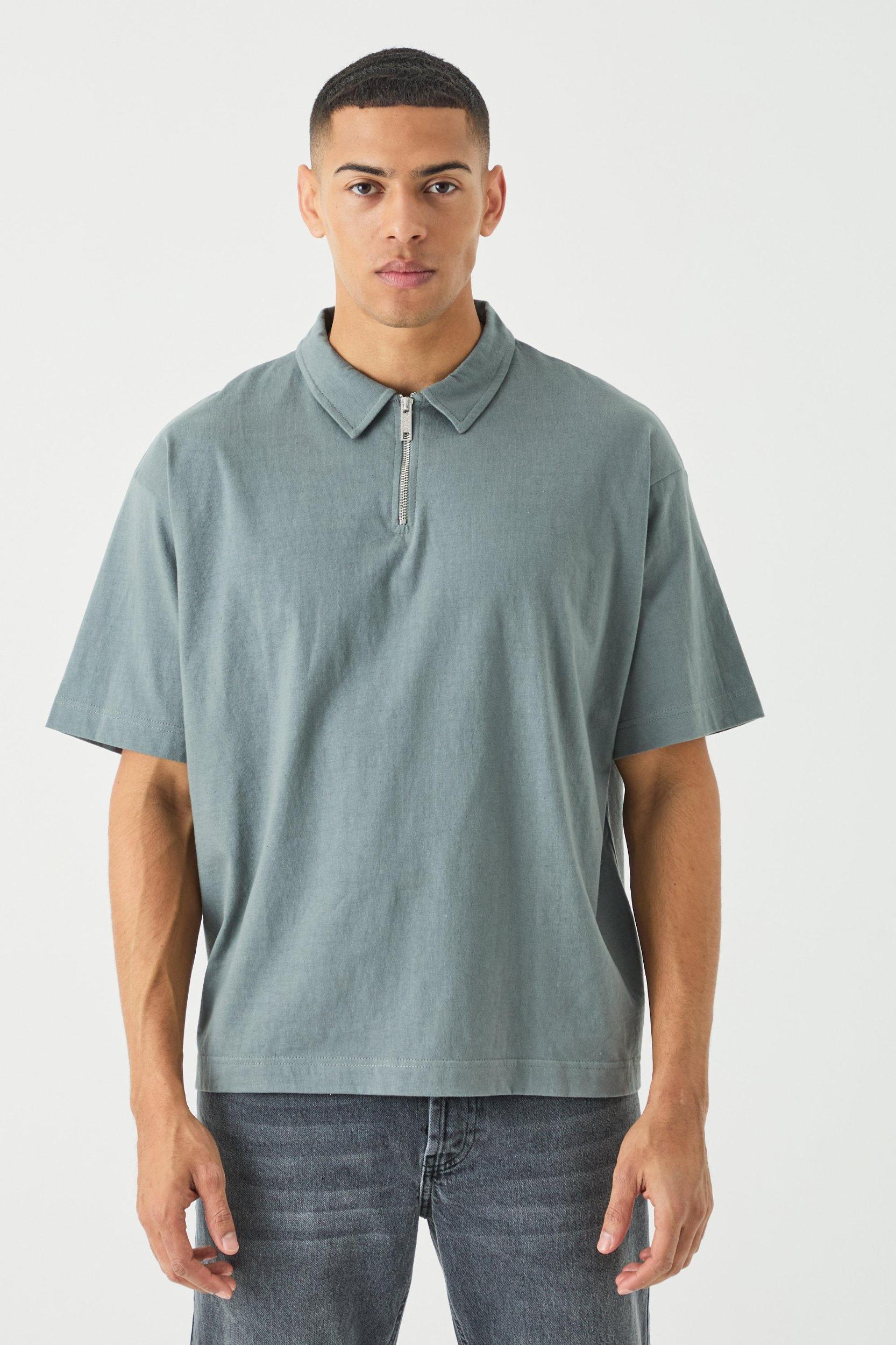 Oversized Heavy Zip Neck Polo | boohooMAN USA Product Image
