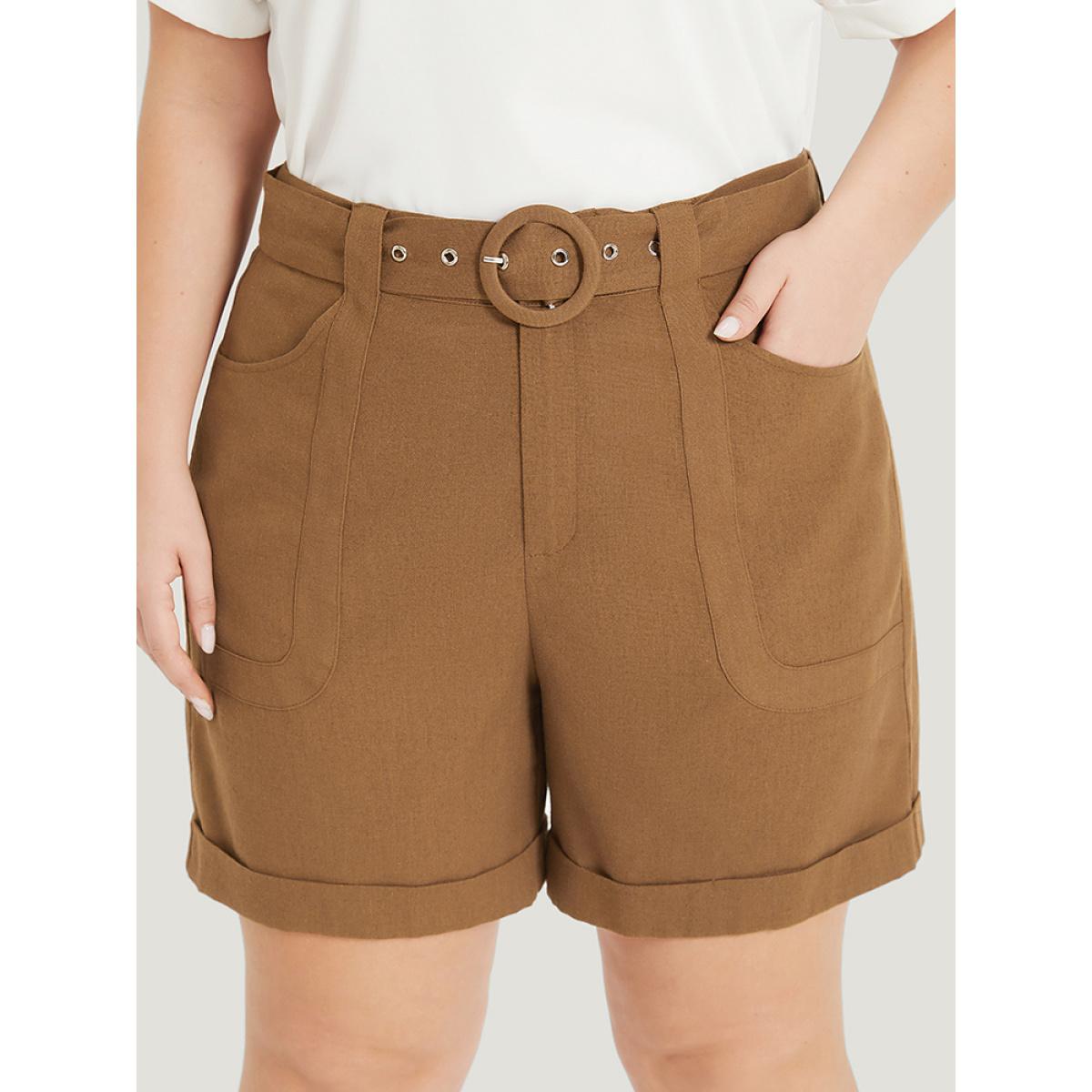 Plus Size Solid Pocket Belted Roll Hem High Rise Shorts Women DarkBrown Office Belted Office Shorts BloomChic 22-24/3X Product Image