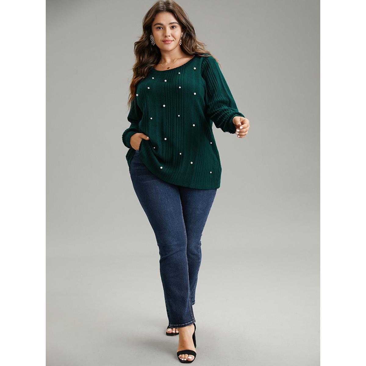 Plus Size Plain Rib Knit Pearl Beaded Sweatshirt Women DarkGreen Elegant Texture Round Neck Dailywear Sweatshirts BloomChic 12/L Product Image