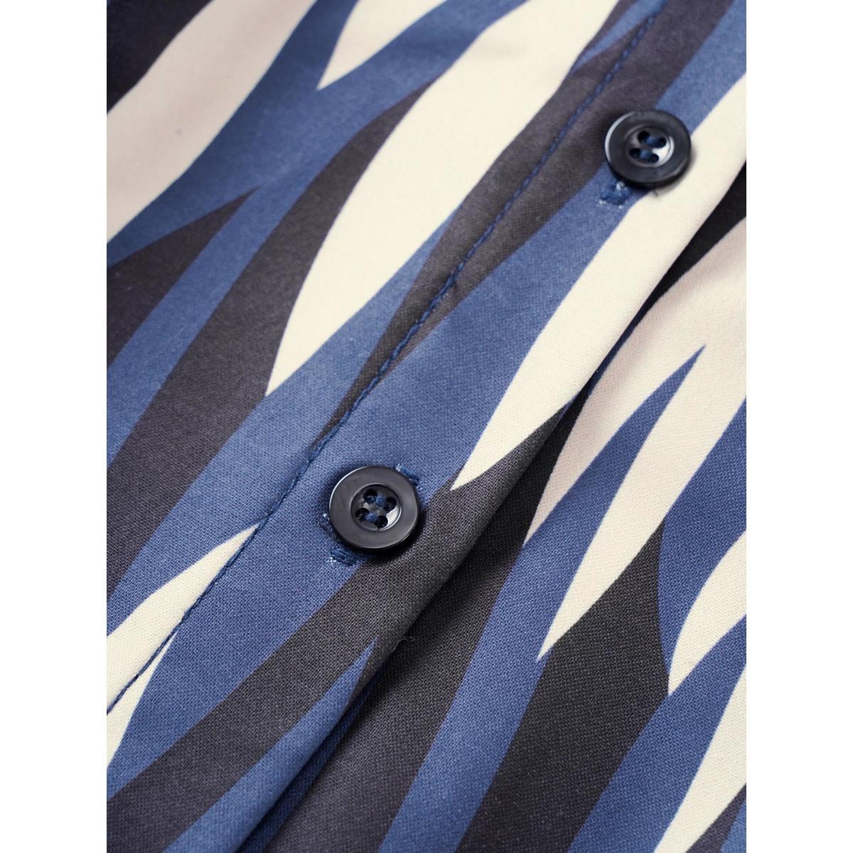 Plus Size Geo Colorblock Twist Front Shirt Collar Dress Indigo Women At the Office Non Shirt collar Elbow-length sleeve Curvy Midi Dress BloomChic 18-20/2X Product Image