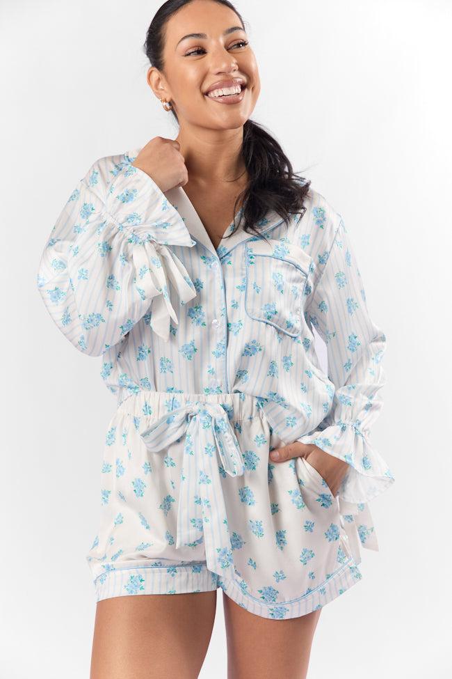 Sleep On My Side Blue Floral Satin Pajama Shorts FINAL SALE Product Image