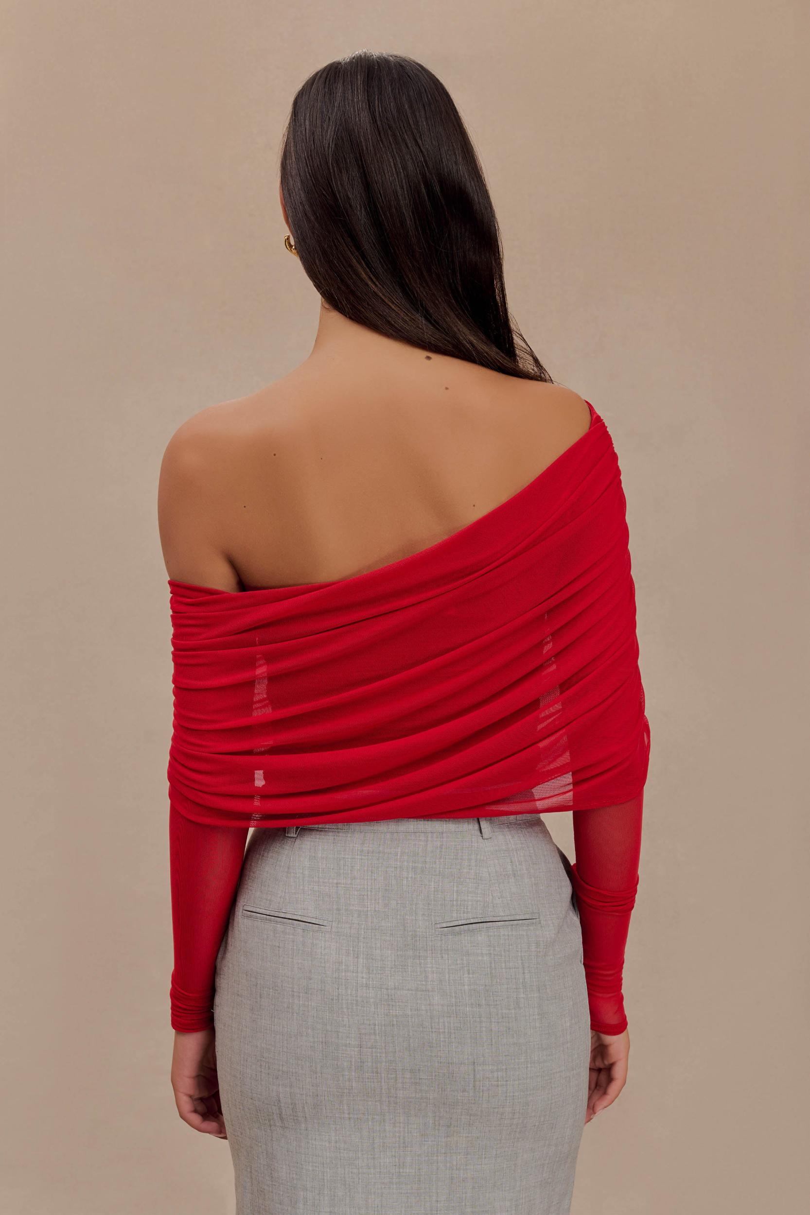 Everly Sheer Mesh Off Shoulder Top - Ruby Product Image