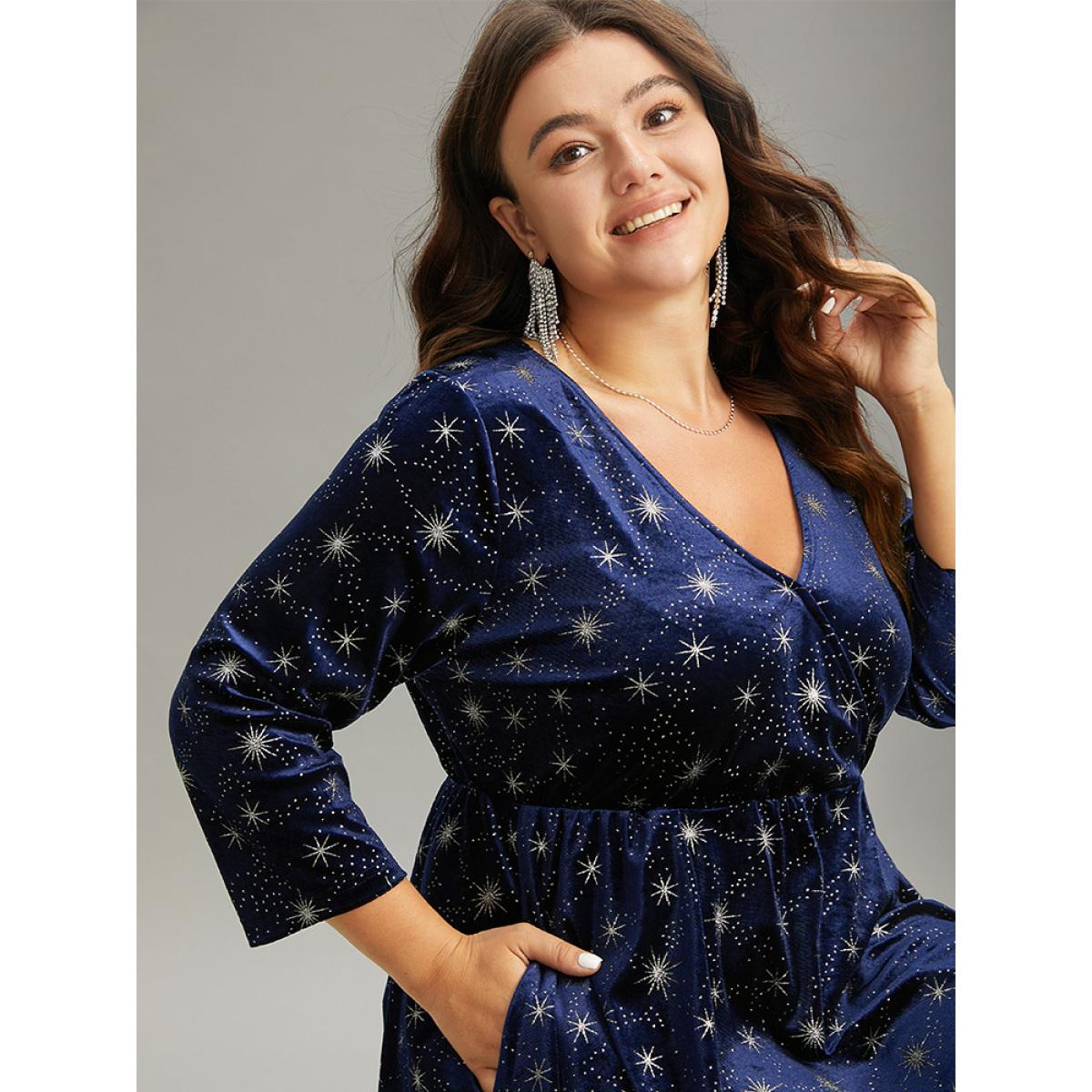 Plus Size Christmas Velvet Star Glitter Wrap Pocket Dress DarkBlue Women Casual Velvet Overlap Collar Elbow-length sleeve Curvy Midi Dress BloomChic 30/6X Product Image