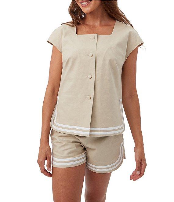 Trina Turk Valence Stretch Linen Blend Square Neck Cap Sleeve Button Front Top Product Image