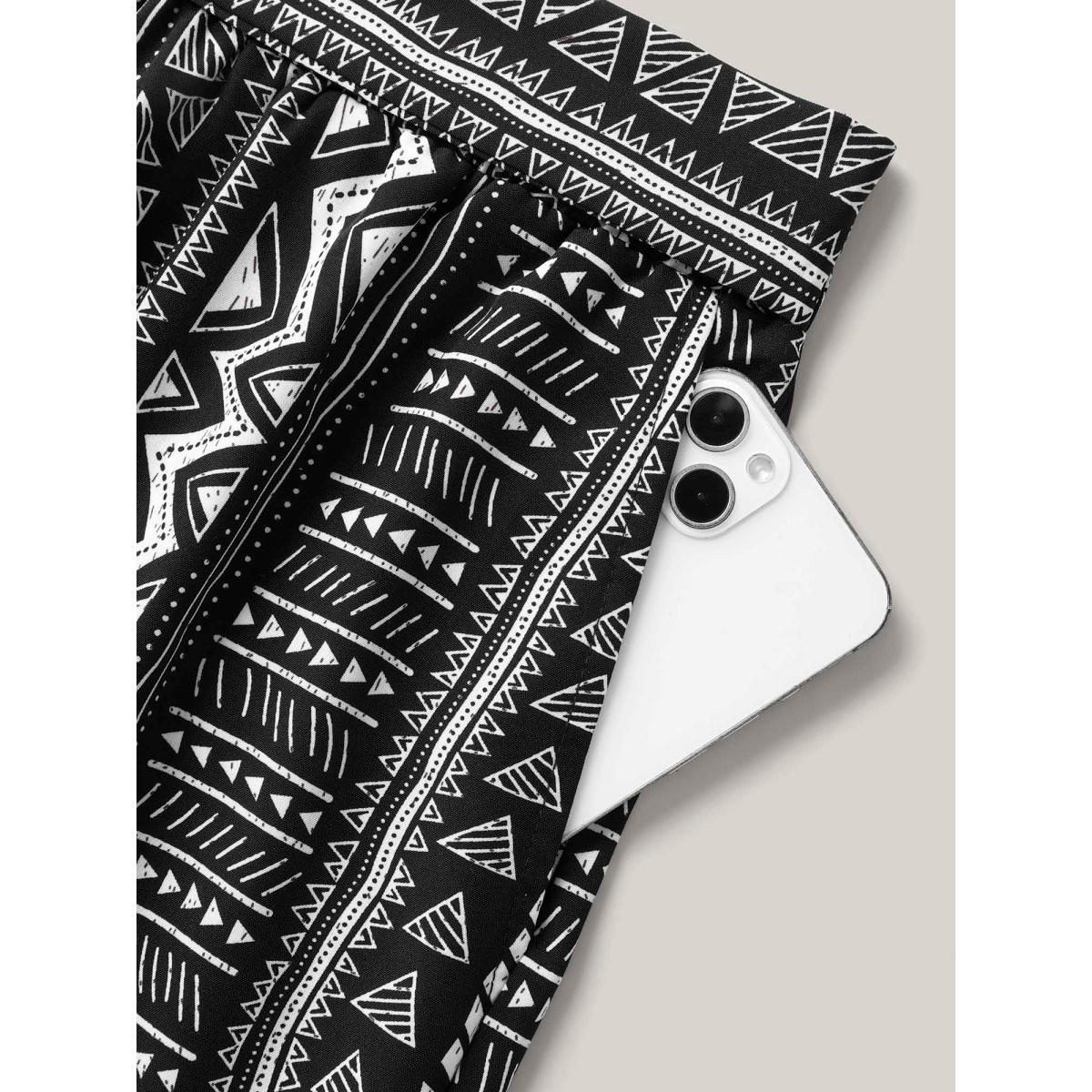 Plus Size Waist-Tie Wide-Leg Boho Print Pants Women Black Casual Wide Leg Mid Rise Everyday-Casual Pants BloomChic 28/5X Product Image