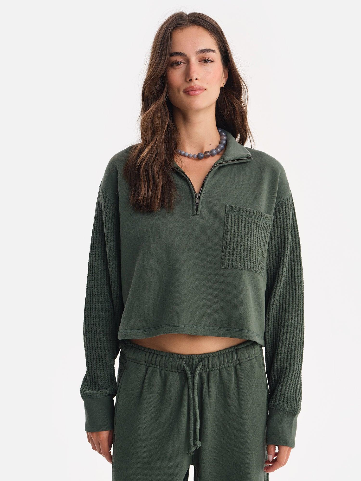 Organic Fleece and Waffle Cropped Half-Zip Sweatshirt Female Product Image