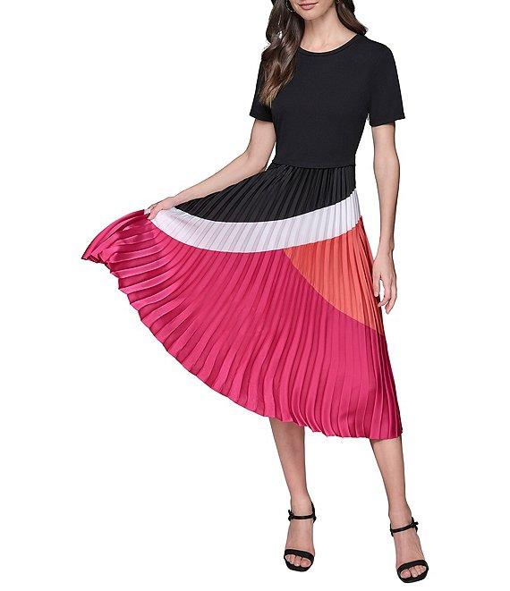 KARL LAGERFELD PARIS Jersey Satin Colorblock Print Crew Neck Short Sleeve Pleated Skirt Sheath Midi Dress Product Image