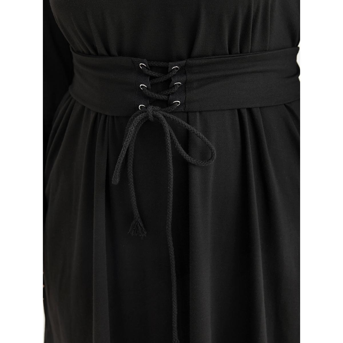 Plus Size Solid Pocket Drawstring Ties Dress Black Women Casual Plain Round Neck Long Sleeve Curvy Knee Dress BloomChic 10/M Product Image