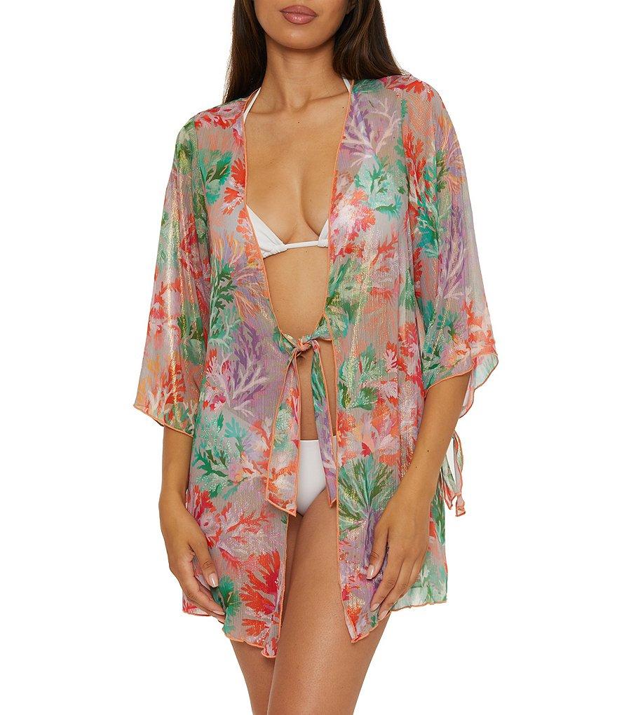 Becca By Rebecca Virtue Coral Reef Sheer knit Tie Front Kimono Swim Cover-Up Product Image