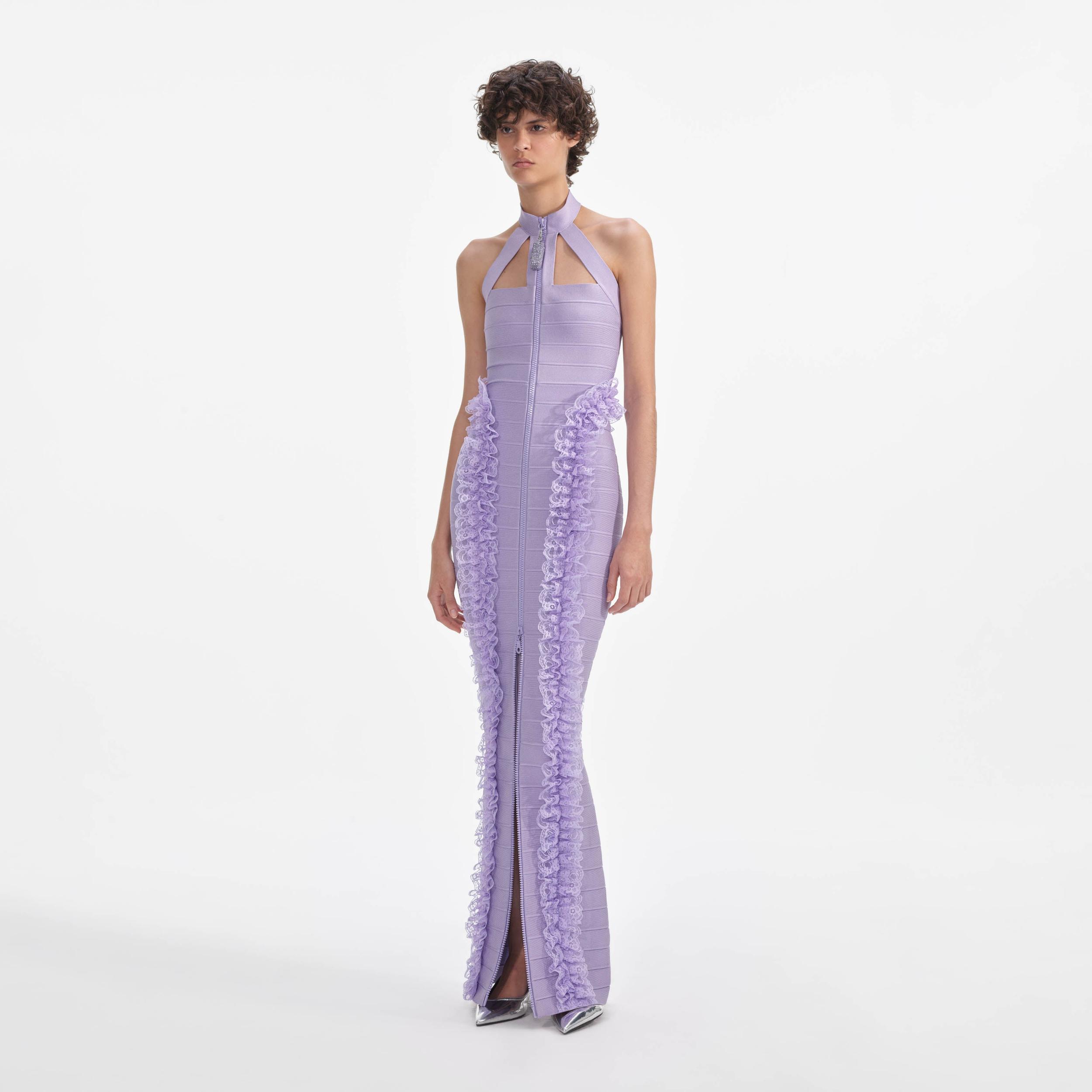 Purple Knit Zip Ruffle Maxi Dress Product Image