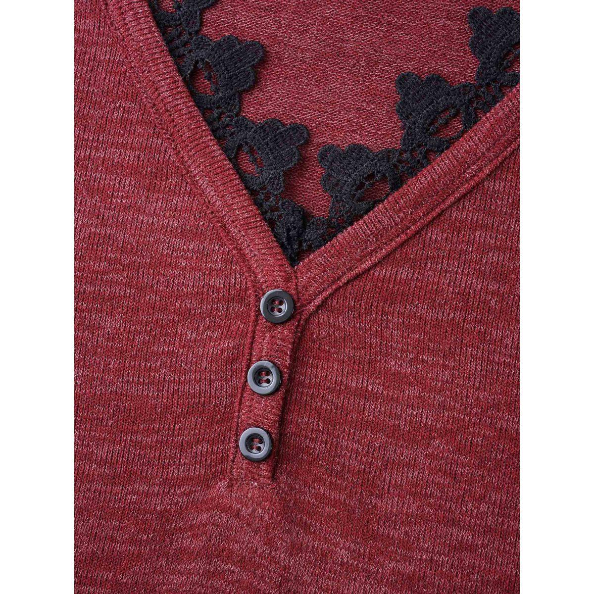 Plus Size V Neck Lace Trim Stitch Button Detail T-Shirt Deepred Women Elegant Woven ribbon&lace trim V-neck Everyday T-shirts BloomChic 14-16/1X Product Image