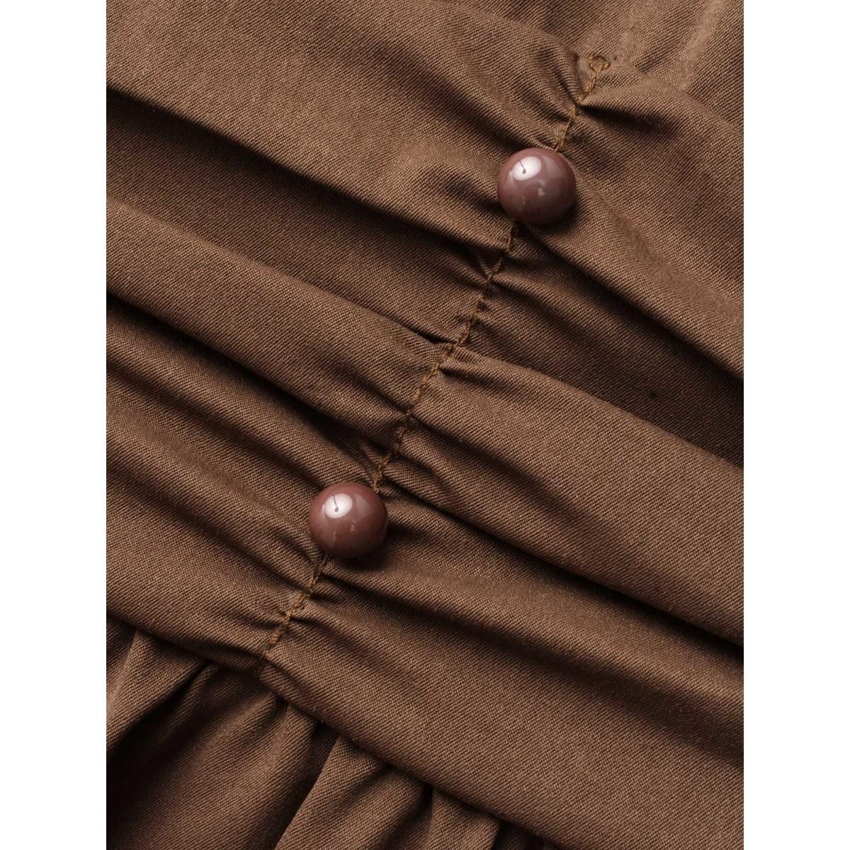 Plus Size V Neck Shirred Ruched Midi Dress DarkBrown Women Elegant Gathered V-neck Elbow-length sleeve Curvy BloomChic 26/4X Product Image