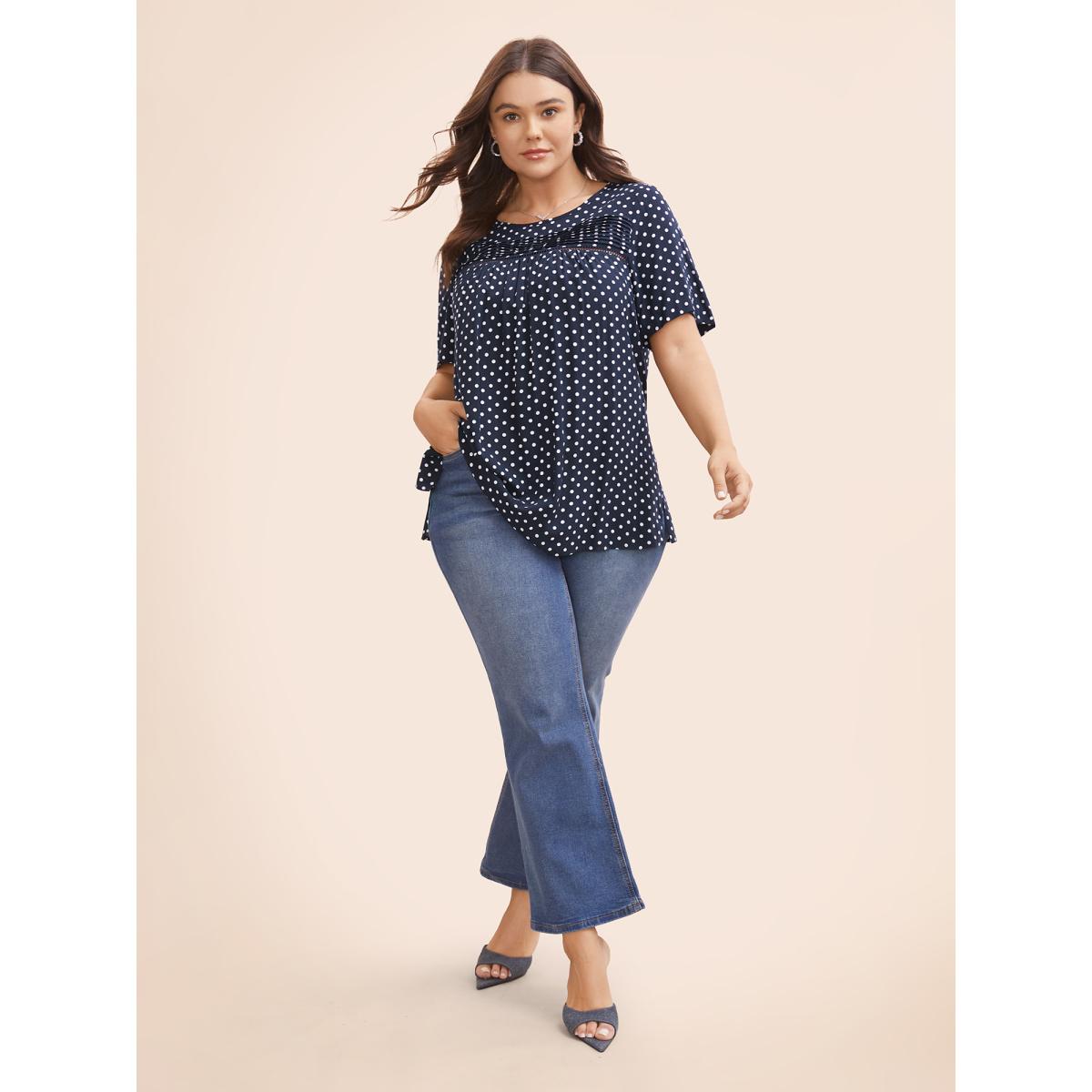 Plus Size Indigo Polka Dot Split Hem Pleated Blouse Women Elegant Cap Sleeve Round Neck Everyday Blouses BloomChic 12/L Product Image