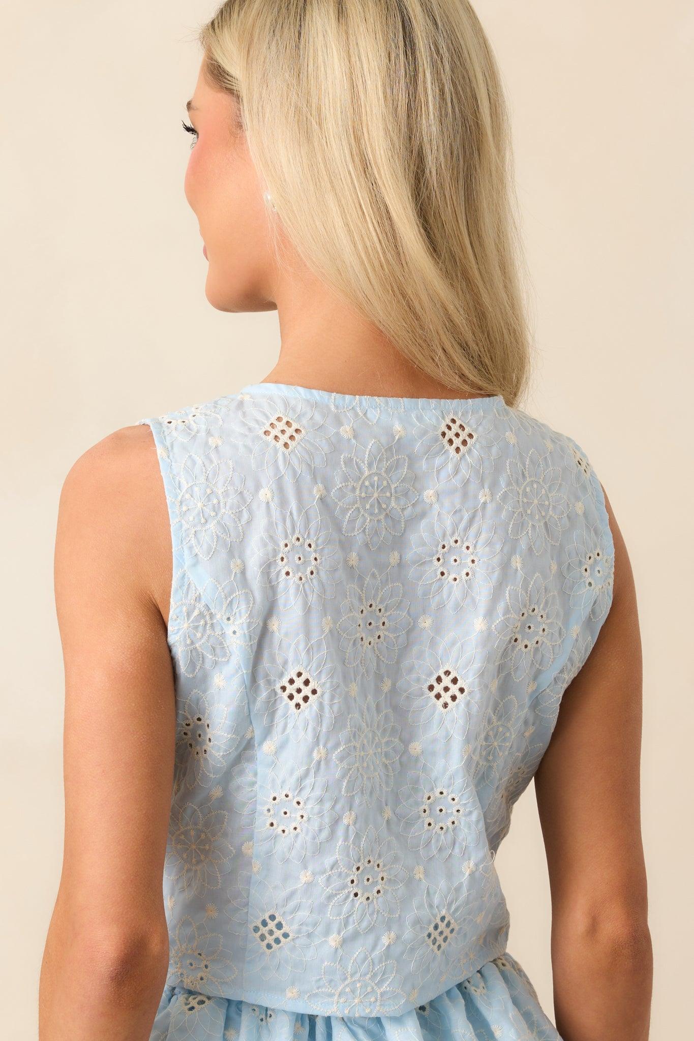Let The Light In Sky Blue Embroidered Eyelet Crop Top Product Image