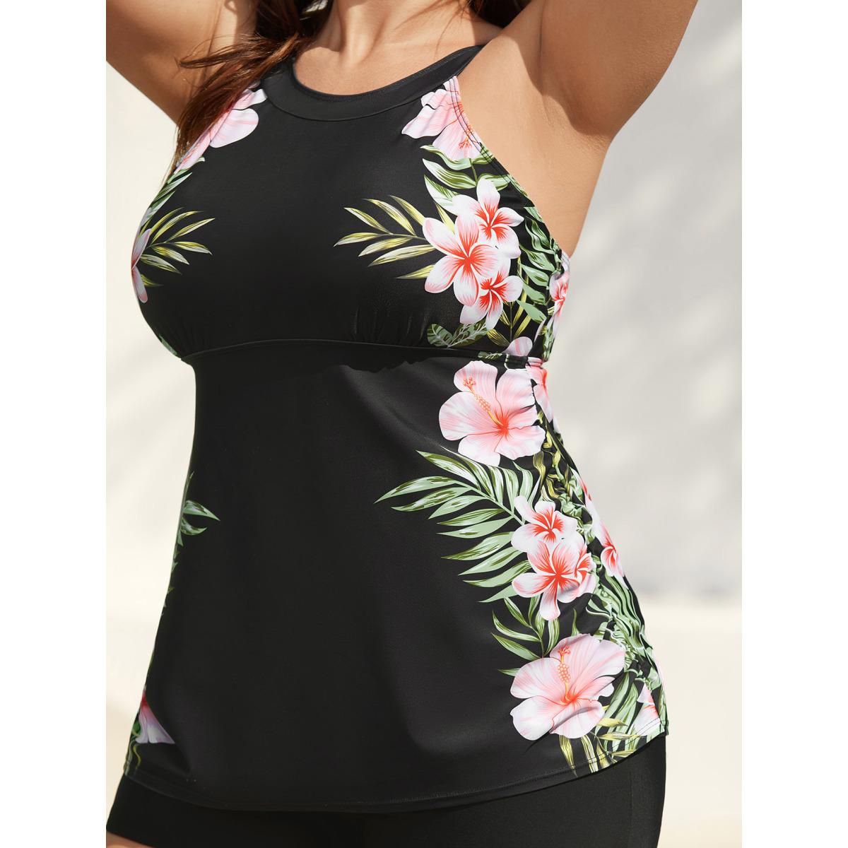 Plus Size Side Floral Pattern Round Neck Swim Top Women's Swimwear Black Resort Gathered High stretch Skinny Halter neck Curve Swim Tops BloomChic 28/5X Product Image